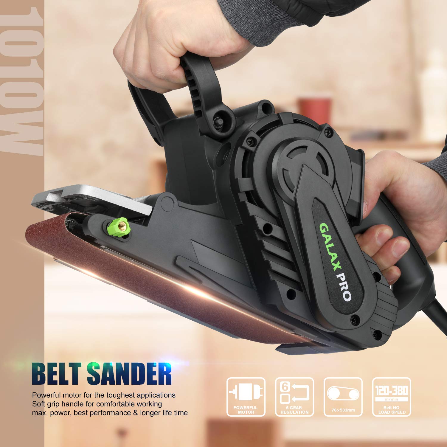 GALAX PRO 1010W Belt Sander, 120-380 RPM Variable Speed Settings, Dust Bag，5 Sanding Belts(76x533 MM)