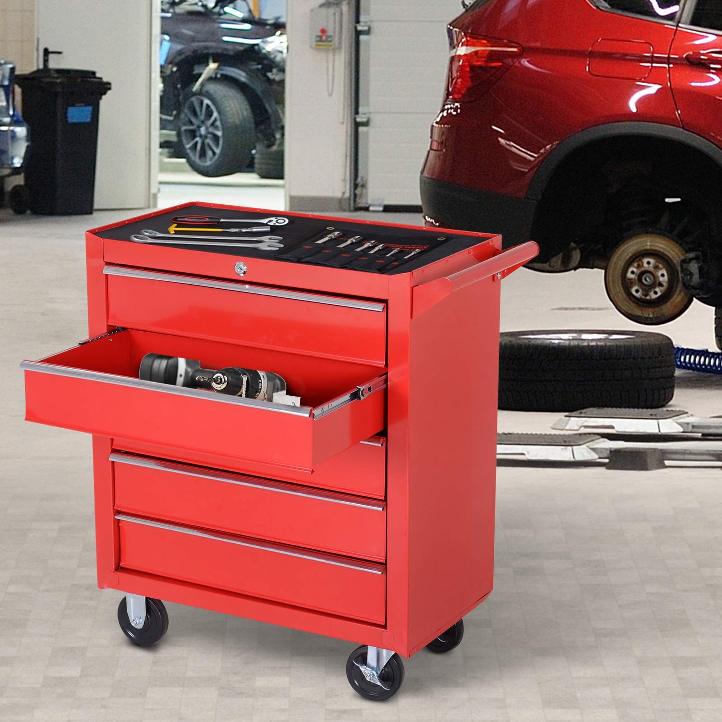 DURHAND Professional 5 Drawer Roller Tool Cabinet Storage Box Workshop Chest Garage 4 Smooth Wheels Wheeling Trolley w/Handle - Red