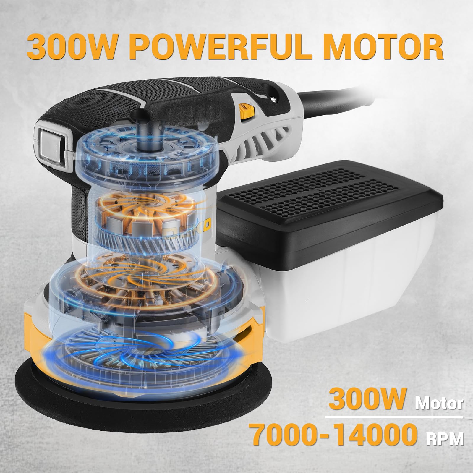 DEKOPRO Random Orbit Sander 300W with 16Pcs Sandpapers, 6 Variable Speed 14000RPM, 125MM Hand Electric Tool, High Performance Dust Collection System, Fit for Woodworking/Sanding