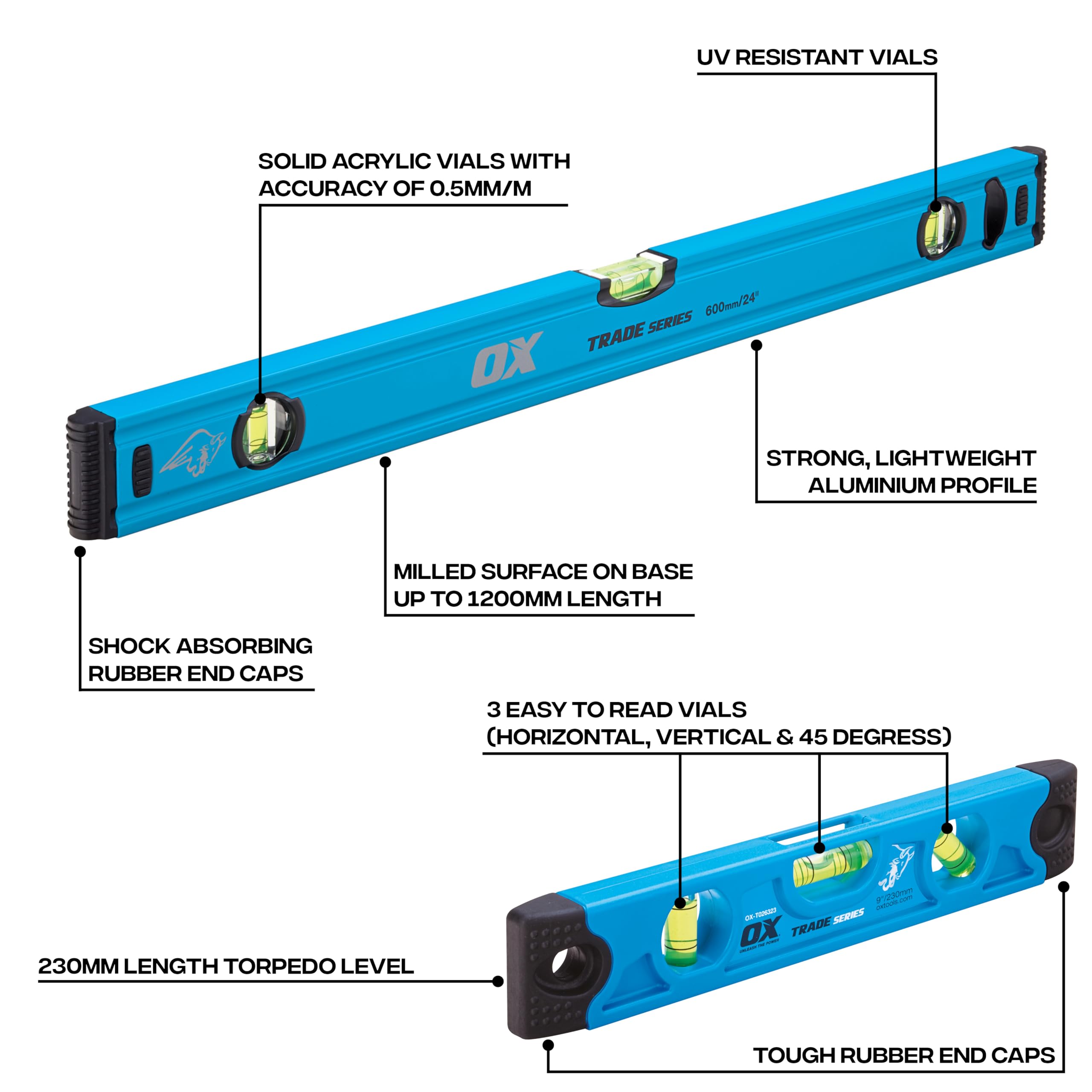 OX Spirit Level - Premium Trade Spirit Level - Industrial Grade Measurement Accuracy with 3 High-precision Vial (Accuracy 0.5 mm/m) - Blue - 600/1200/1800/230 mm