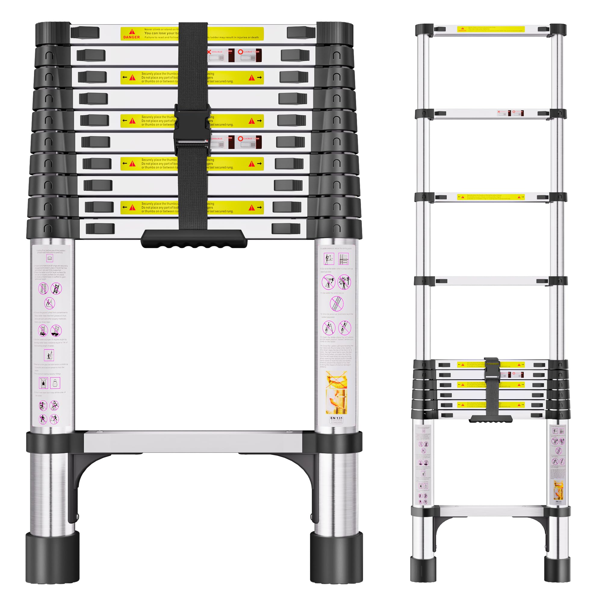 Telescopic Ladder, 3.2M Stainless Steel Thickened High-Strength Loft Ladder, Portable Ladders Extendable with Non-Slip Feet Adjustable Height for Roof Attic Caravans