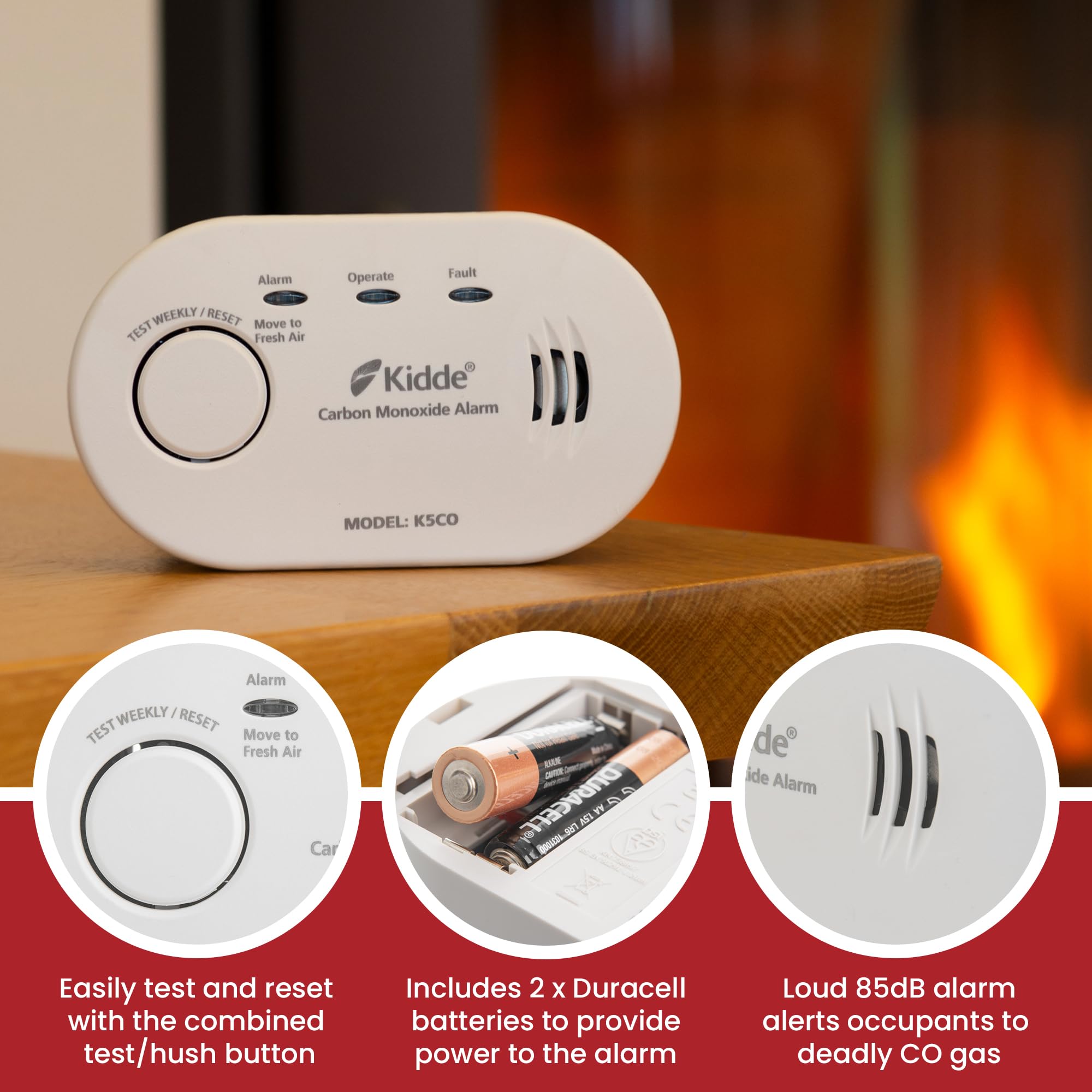 Twin Pack Kidde 5CO Battery Powered Carbon Monoxide Alarm and Detector - 10 Year Sensor Life with AA Batteries