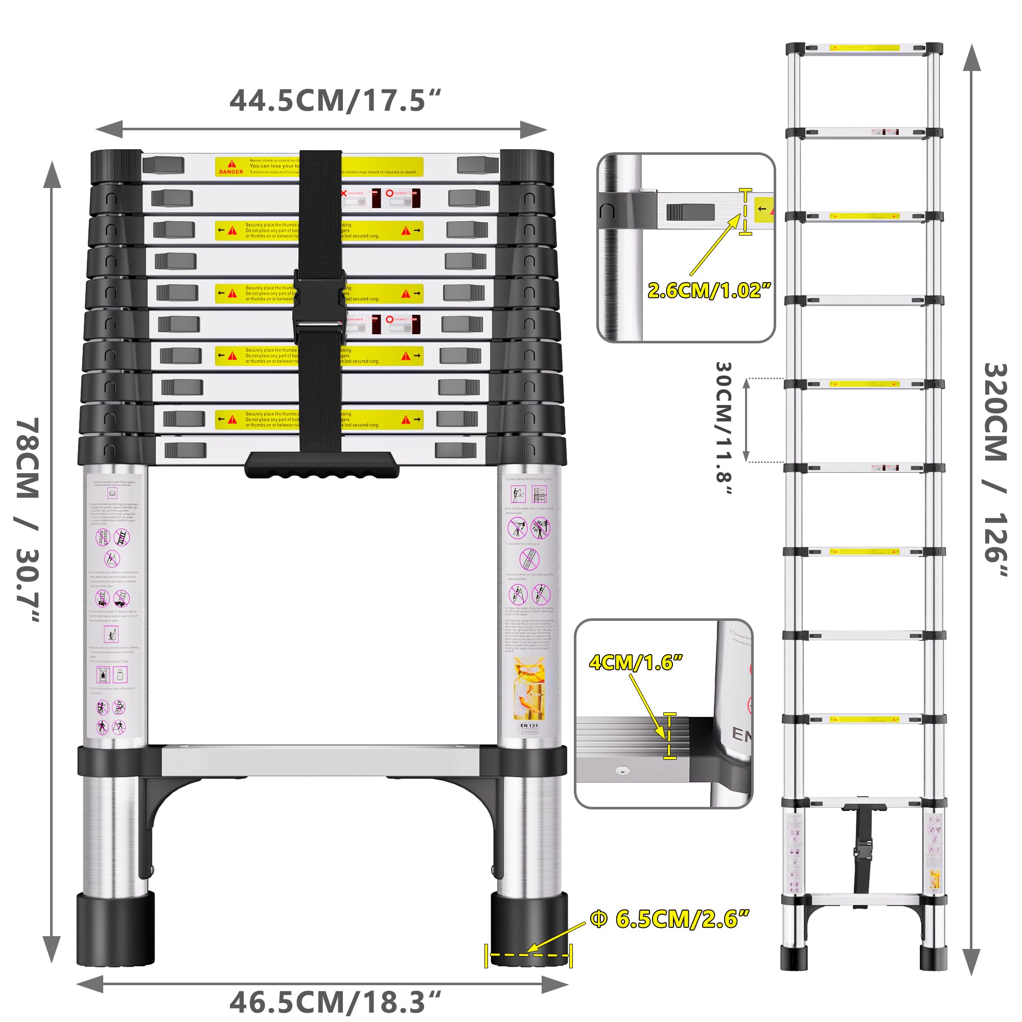 Telescopic Ladder, 3.2M Stainless Steel Thickened High-Strength Loft Ladder, Portable Ladders Extendable with Non-Slip Feet Adjustable Height for Roof Attic Caravans