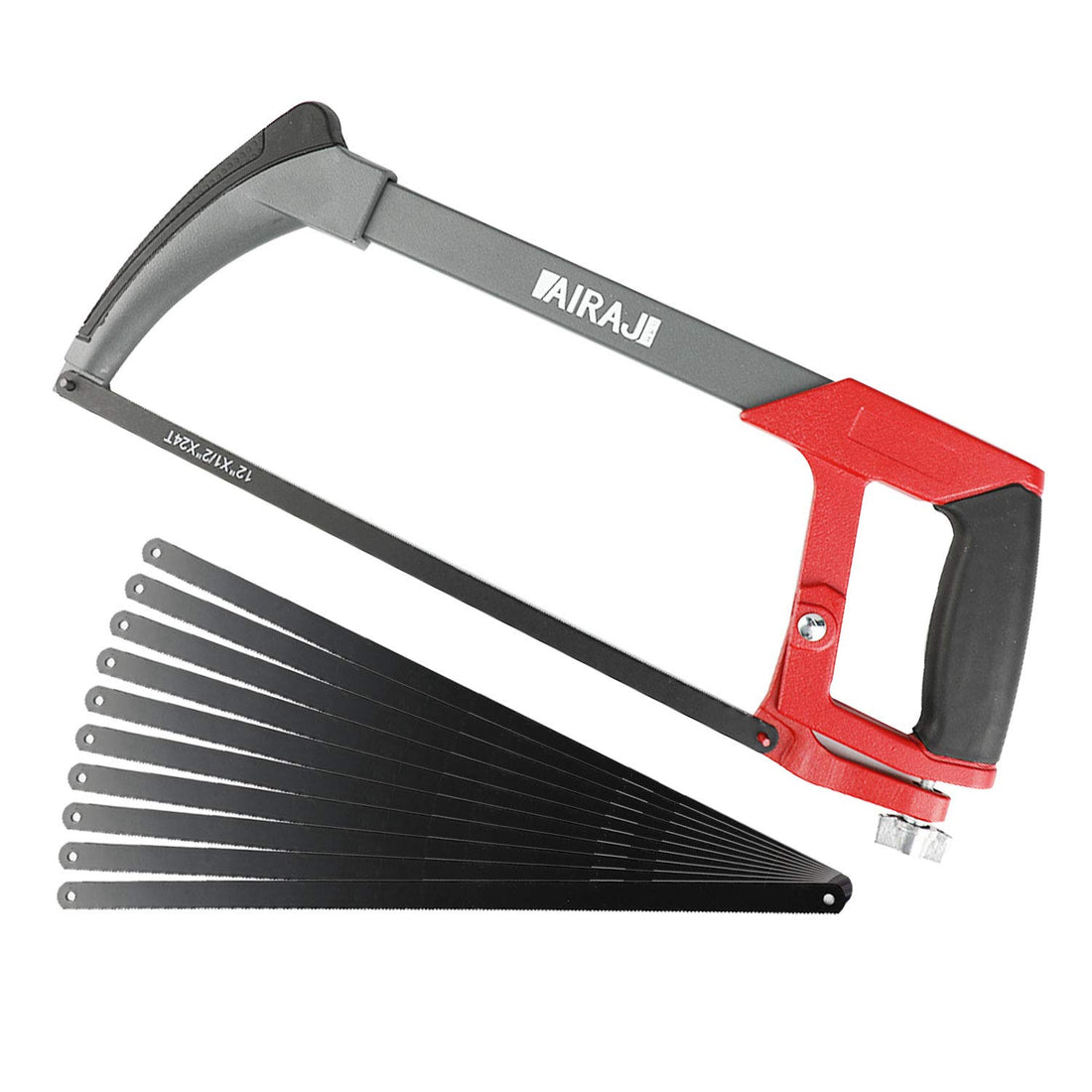 AIRAJ Hacksaw Frame 300MM,Hand Hacksaws with 10 Spare Blades,Professional High-Tension Hacksaw for Metal,Wood,Steel,PVC Pipe,Frozen Meat,45°&90° Two Angles Sawing