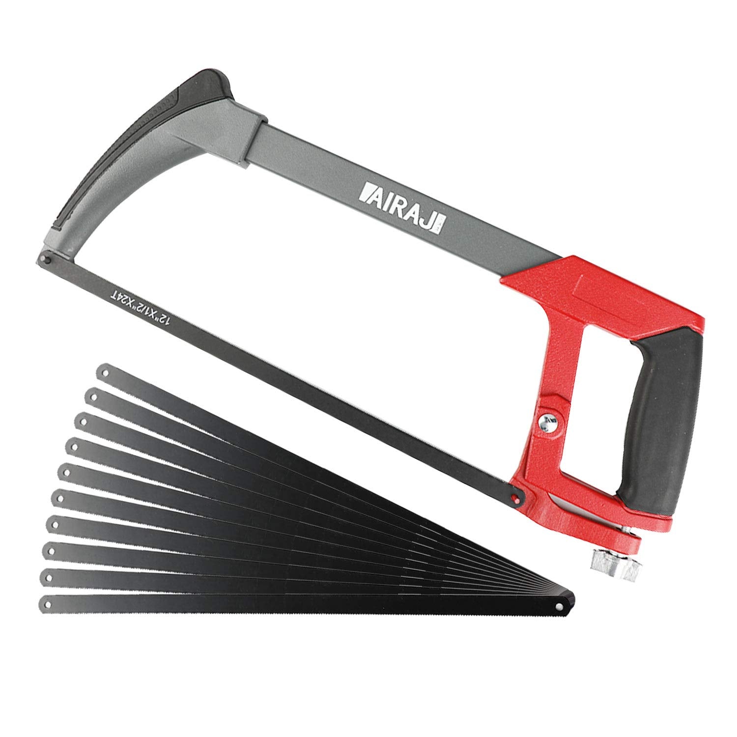 AIRAJ Hacksaw Frame 300MM,Hand Hacksaws with 10 Spare Blades,Professional High-Tension Hacksaw for Metal,Wood,Steel,PVC Pipe,Frozen Meat,45°&90° Two Angles Sawing
