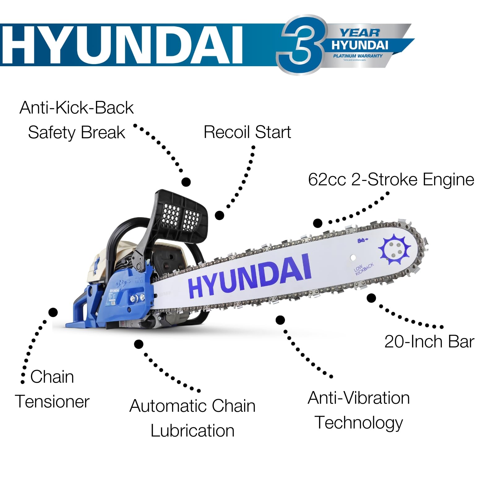 Hyundai 62cc 20" Petrol Chainsaw Powerful, Lightweight, and Durable for Heavy-Duty Tree Felling and Garden Tasks, 3 Year Warranty