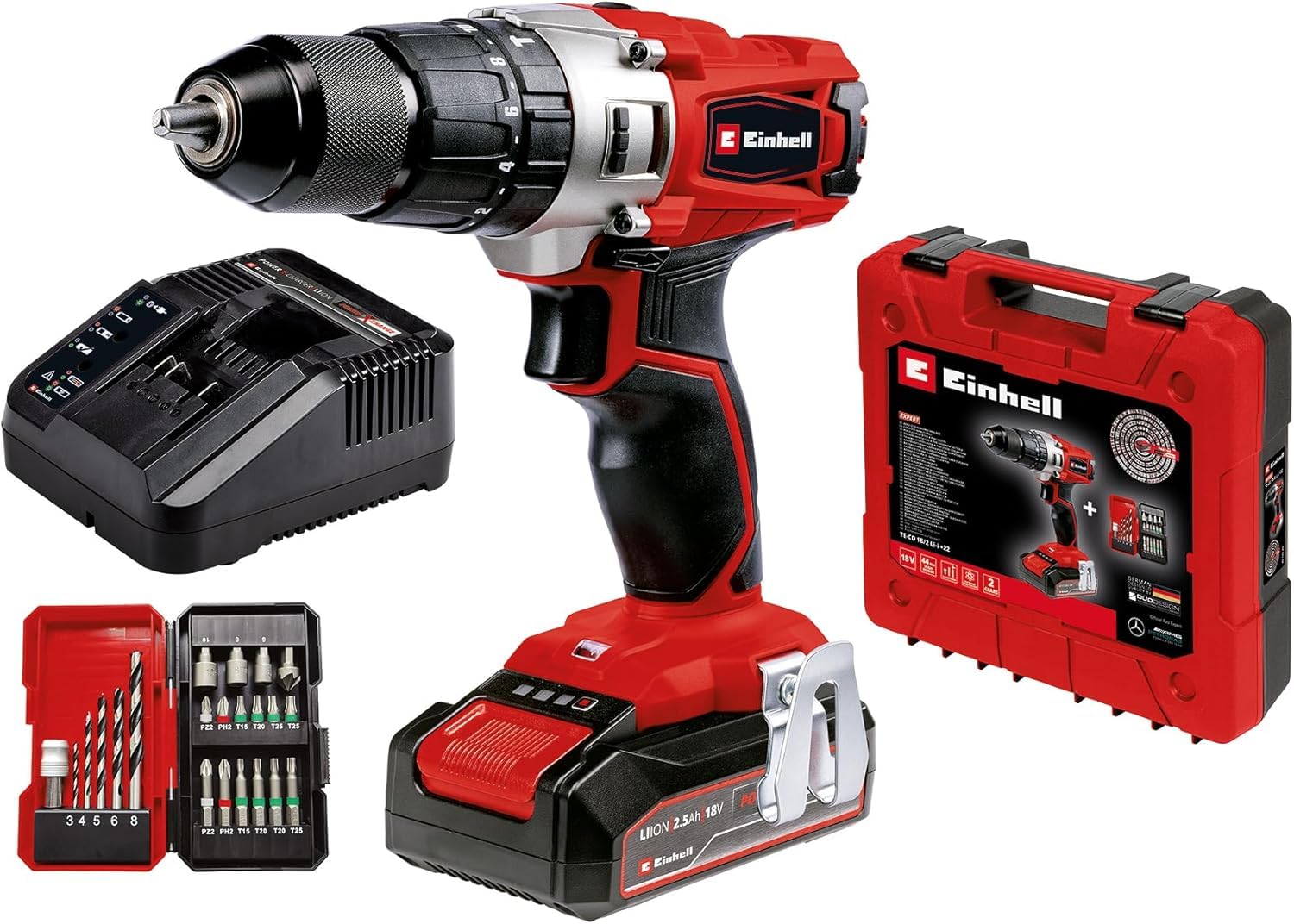 Einhell Power X-Change 18V, 44Nm Cordless Combi Drill | 3-in-1 Brushless Drill, Impact Drill and Screwdriver | TE-CD 18/2 Li-i +22 pc Kit with 2.5Ah Battery, Fast Charger and Storage Case