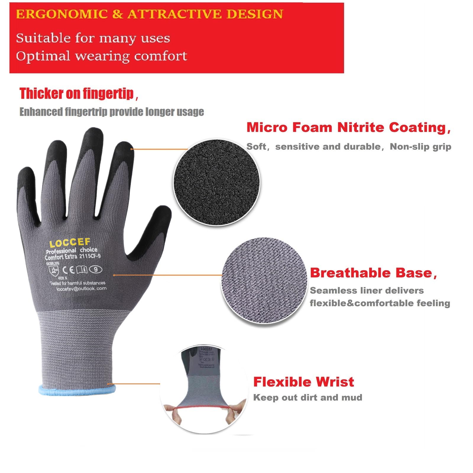 LOCCEF Safety Work Gloves MicroFoam Nitrile Coated-12 Pairs,Seamless Knit Nylon, Home Improvement,Micro-Foam Gloves (9/L, Grey-12 Pairs)
