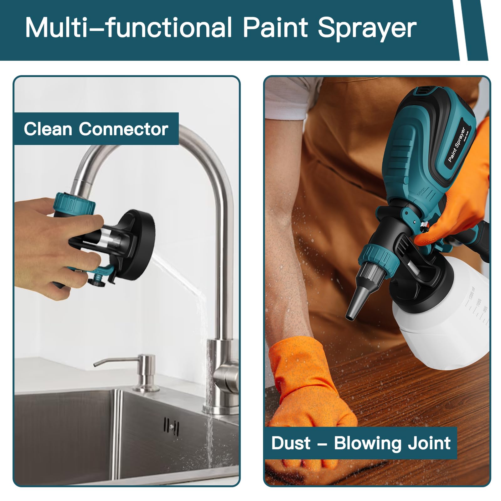 Paint Sprayer, 700W HVLP Electric Spray Gun, 1200ML Container, 1000 Ml/Min with Cleaning & Blowing Joints, 4 Nozzles & 3 Patterns, Adjustable Flow, for Home, Furniture, Walls & Fence, etc.