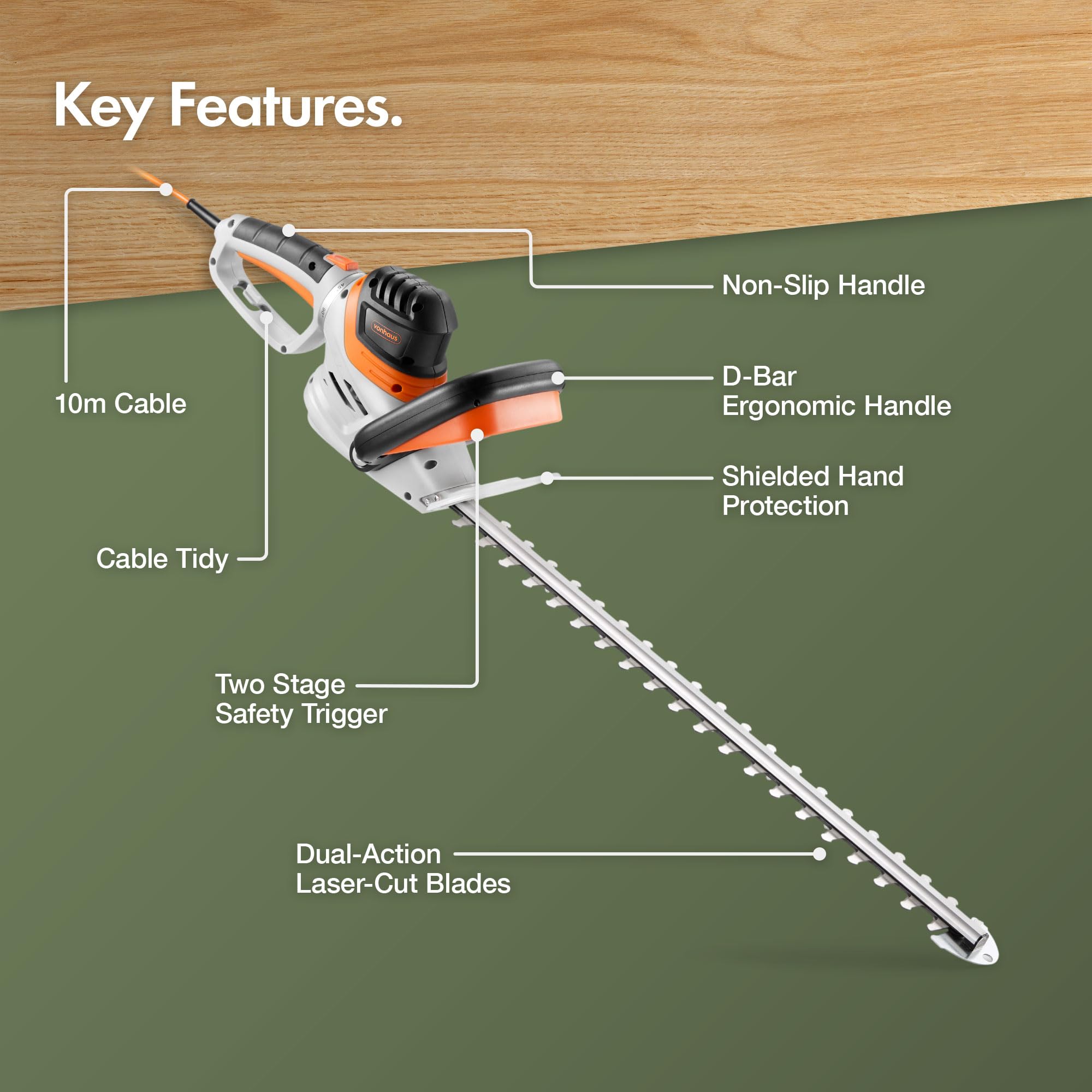 VonHaus Hedge Trimmer 710W – Electric Lightweight Cutter for Hedges, Branches, Shrubs, Twigs – Comes with Blade Cover, 10m Cable, 61cm Blade, Rotating Handle, 2 Stage Safety Trigger