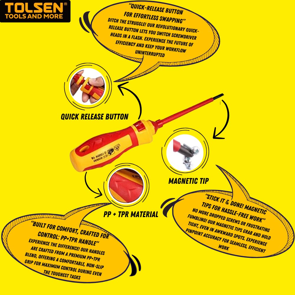 Tolsen 13pcs VDE Insulated Electricians Screwdriver Set with Rubber Handle in Hard Case | Interchangeable | Magnetic Tips | 1000V | Ideal for Electrical, Home and DIY Projects