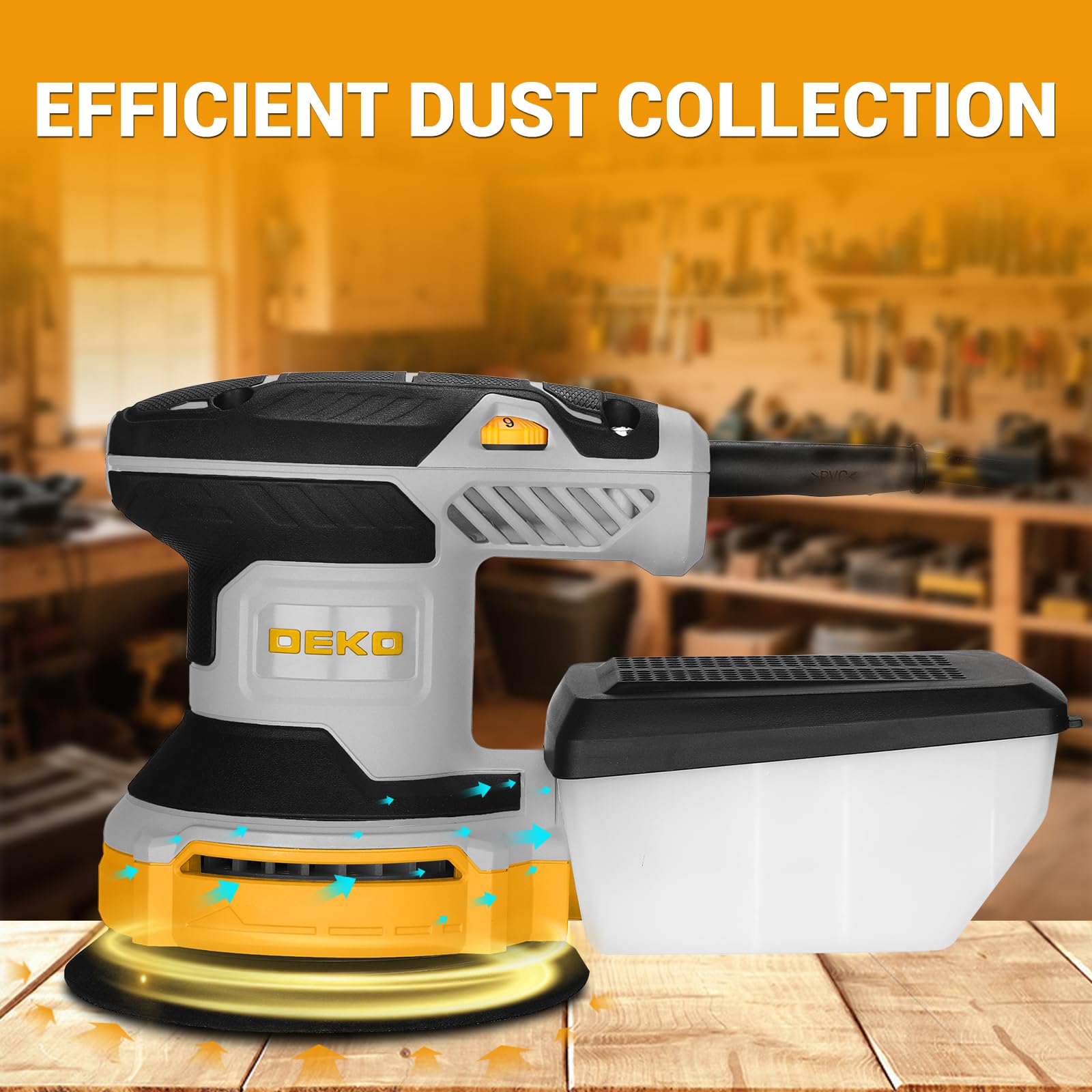 DEKOPRO Random Orbit Sander 300W with 16Pcs Sandpapers, 6 Variable Speed 14000RPM, 125MM Hand Electric Tool, High Performance Dust Collection System, Fit for Woodworking/Sanding