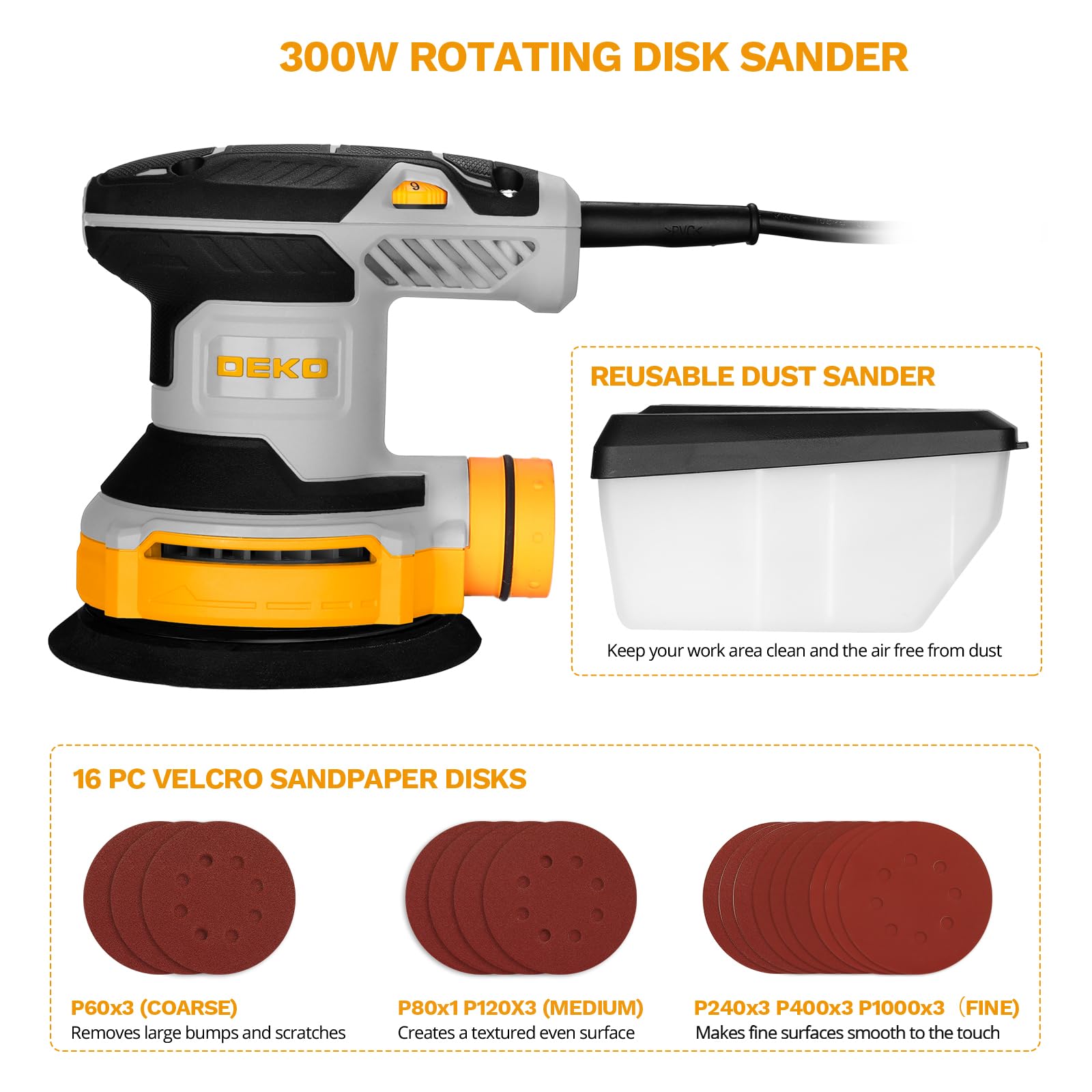 DEKOPRO Random Orbit Sander 300W with 16Pcs Sandpapers, 6 Variable Speed 14000RPM, 125MM Hand Electric Tool, High Performance Dust Collection System, Fit for Woodworking/Sanding