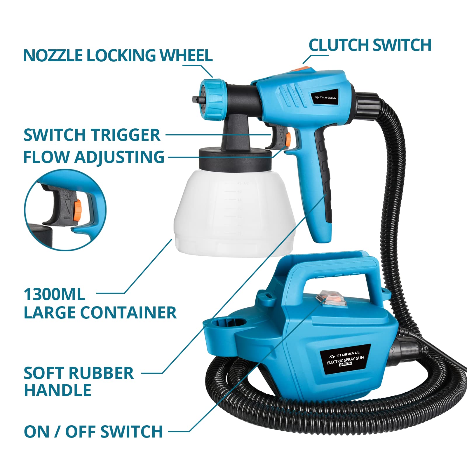 Fence Paint Sprayer Tilswall Pro 800W, Electric HVLP Paint Spray Gun with 3 Nozzle Sizes, 3 Spray Patterns, and 1300ML Detachable Container for Fences, Sheds, Decking, Garden Furniture