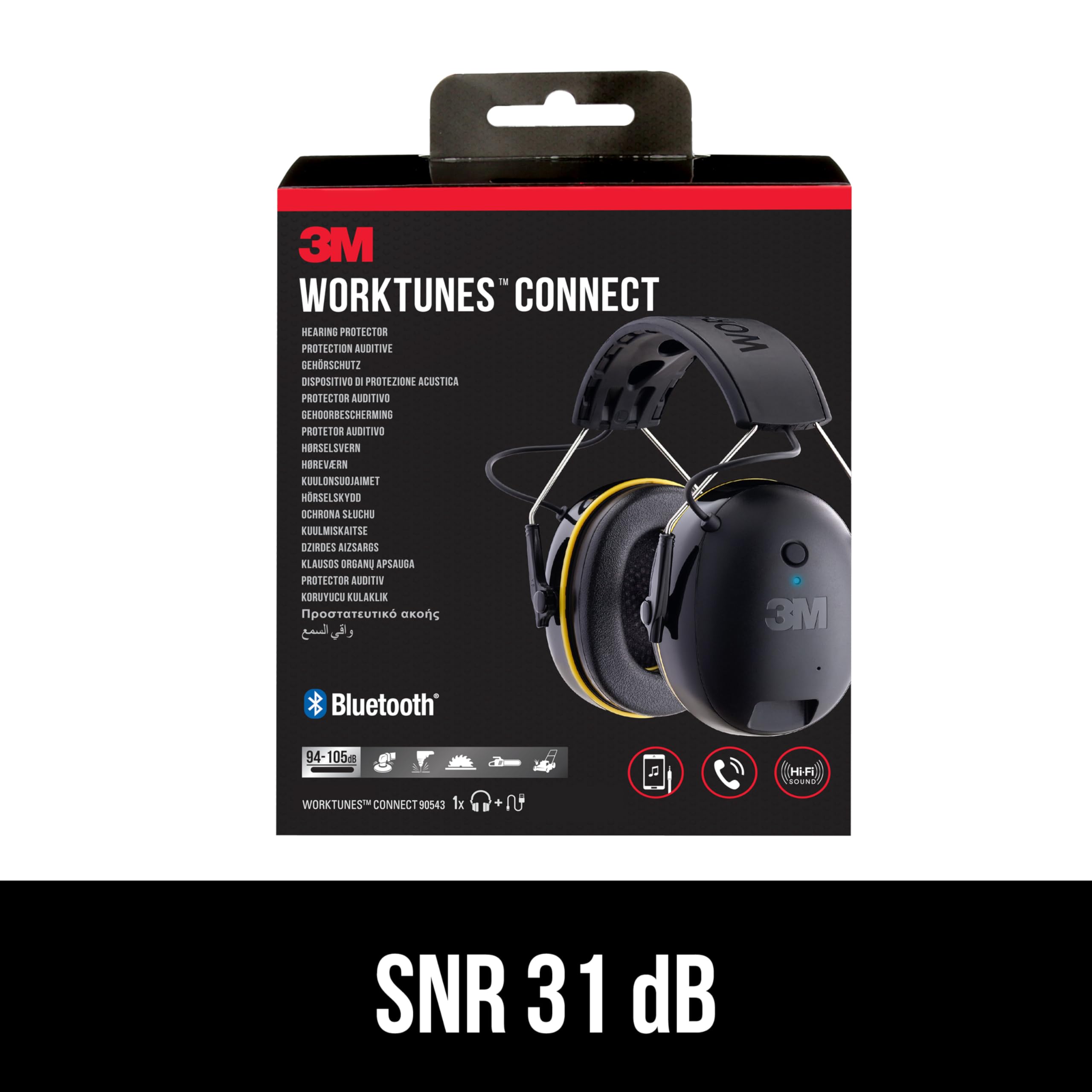 3M WorkTunes Connect, Bluetooth Ear Defenders Wireless, 90543EC1, Hearing Protector Earmuffs, Connect your Mobile Phone, 30+ hours battery life, Rechargeable, (94-105 dB), Black, 4.02x7.44x5.91