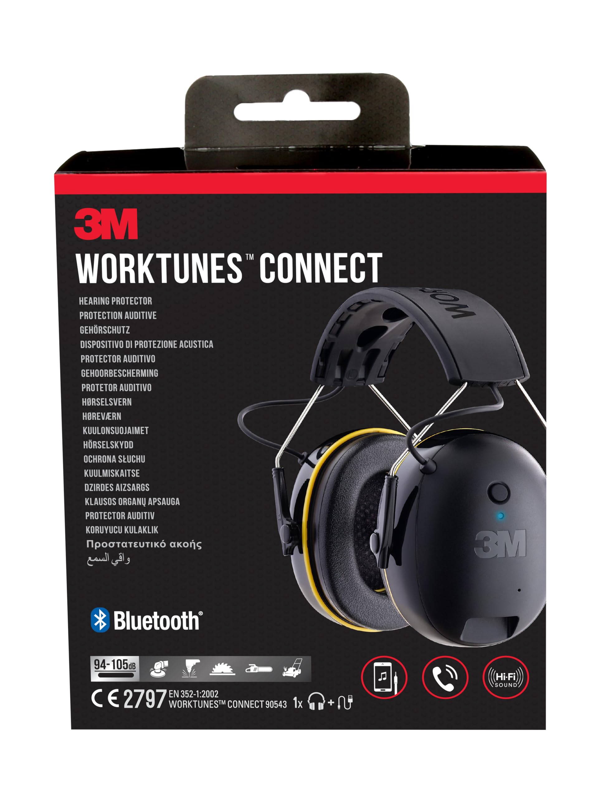 3M WorkTunes Connect, Bluetooth Ear Defenders Wireless, 90543EC1, Hearing Protector Earmuffs, Connect your Mobile Phone, 30+ hours battery life, Rechargeable, (94-105 dB), Black, 4.02x7.44x5.91