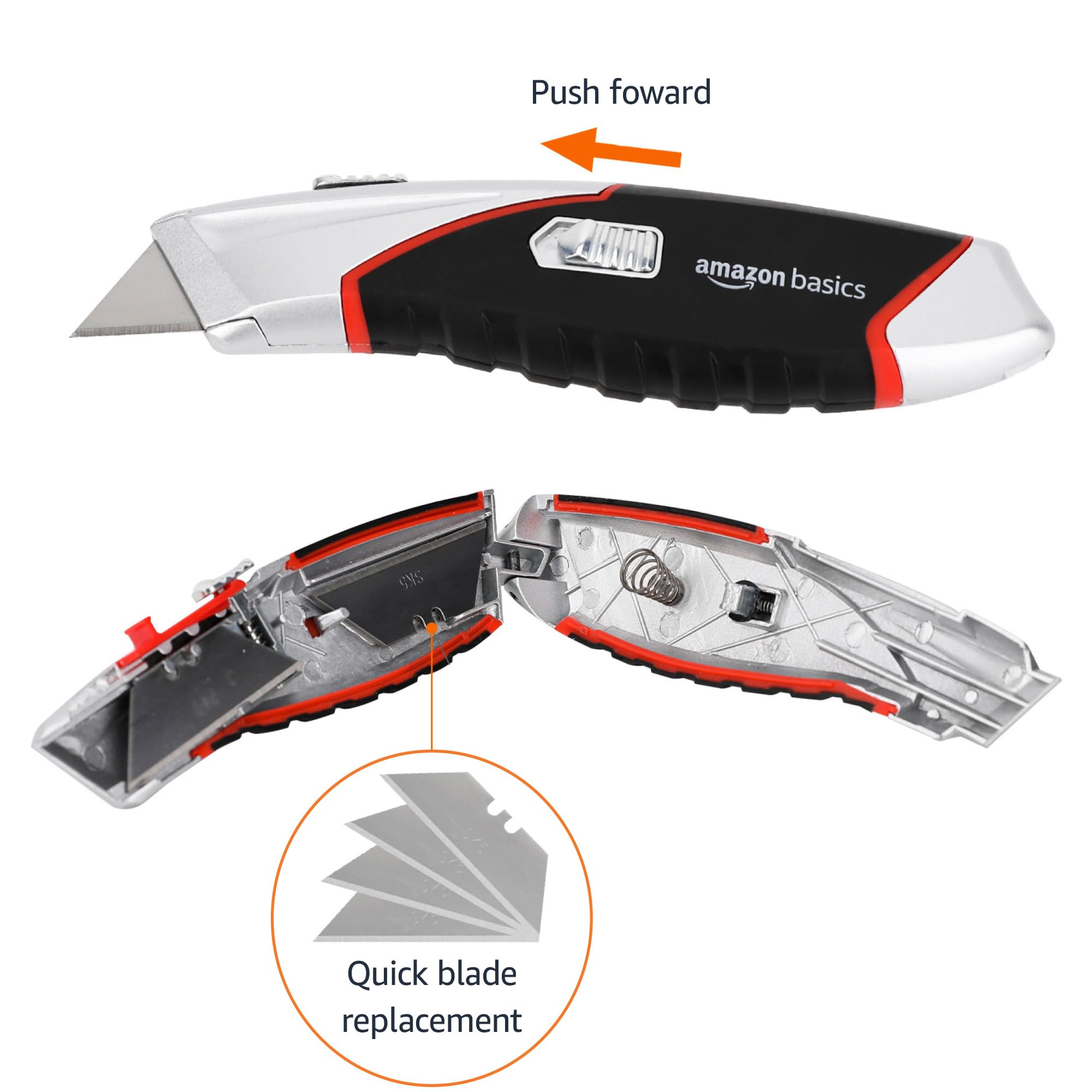 Amazon Basics Heavy Duty Retractable Auto-Load Ergonomic Utility Knife 3-Position Locking Blade with 4 Replaceable Blades in Designed Storage, Black/Silver