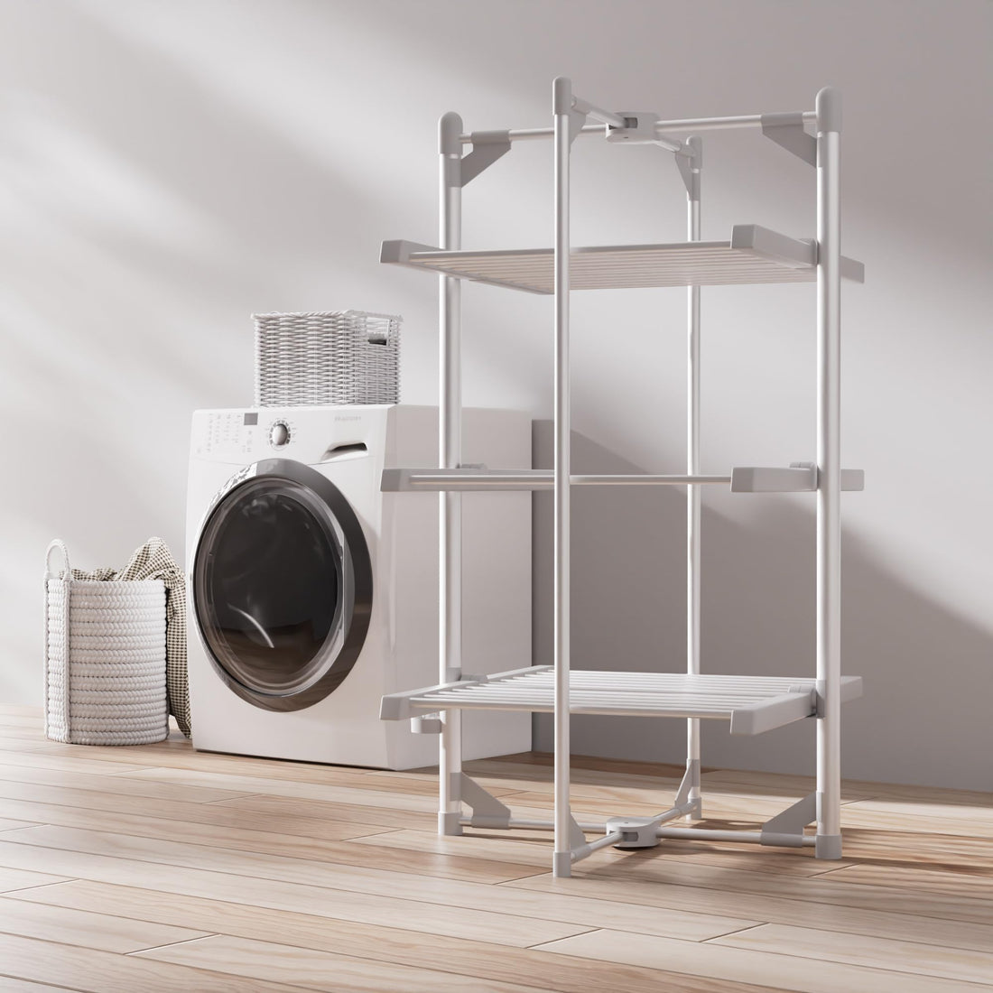 3-Tier Heated Clothes Airer with Cover, 24 Rails Clothes Drying Rack, 117cm Heated Airer, Indoor Foldable Heated Shelves Dry Laundry, 220W Efficient Drying Horse Rack 11M Drying Space