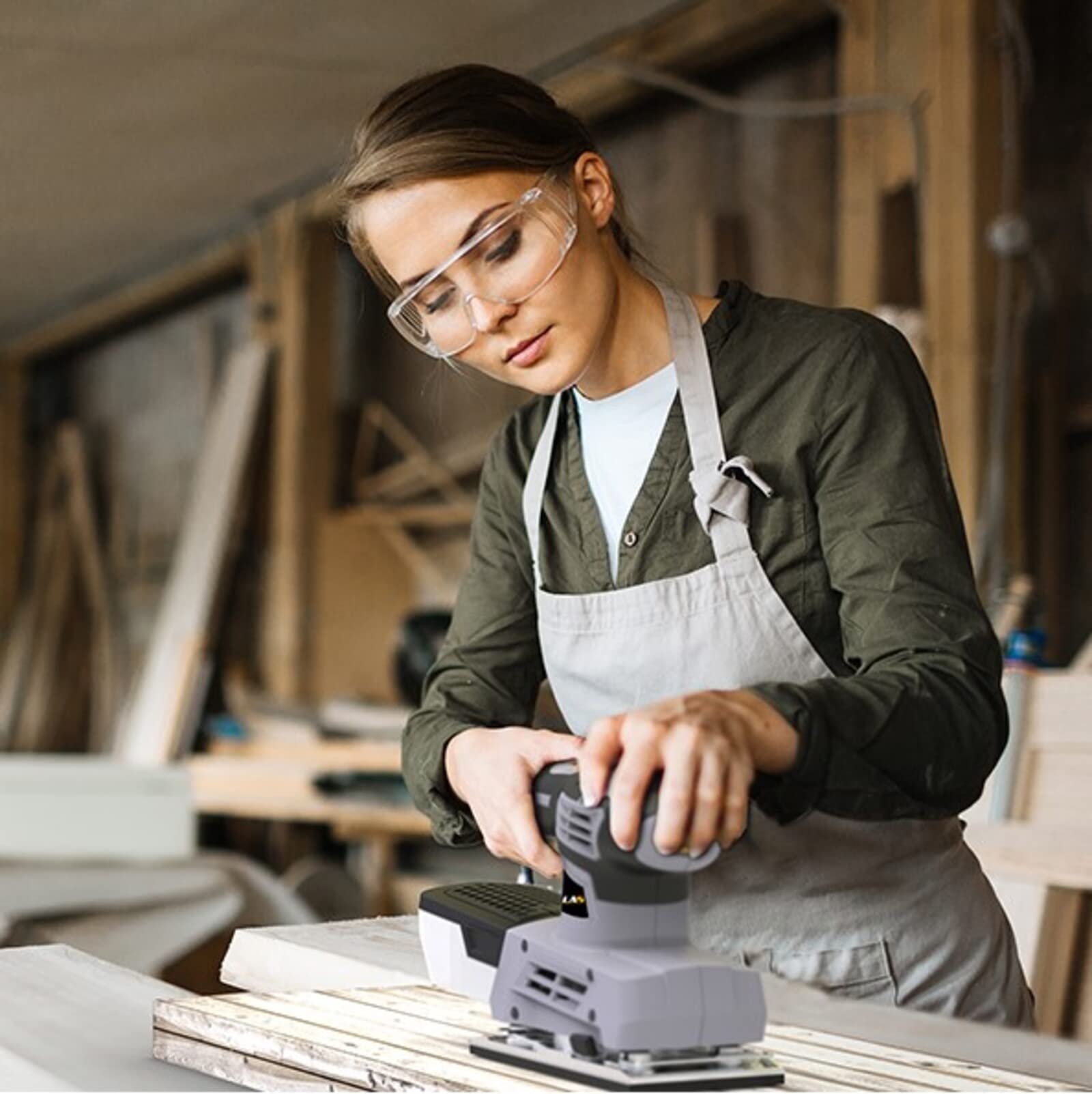 Jellas Sander, 220W 1/3 Sheet Sander, 12000RPM 6 Variable Speeds Electric Sander for Wood with Dust Collection Box, 12Pcs Sanding Sheets, Fast Paper Clamping Mechanism