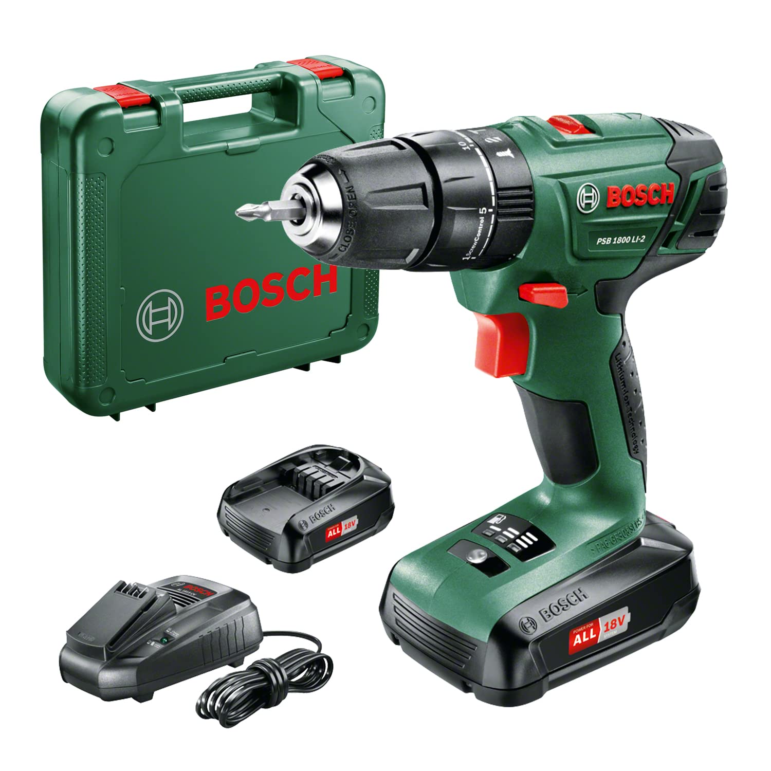 Bosch Cordless Combi Drill PSB 1800 LI-2 (2 batteries, 18 Volt System, in carrying case)