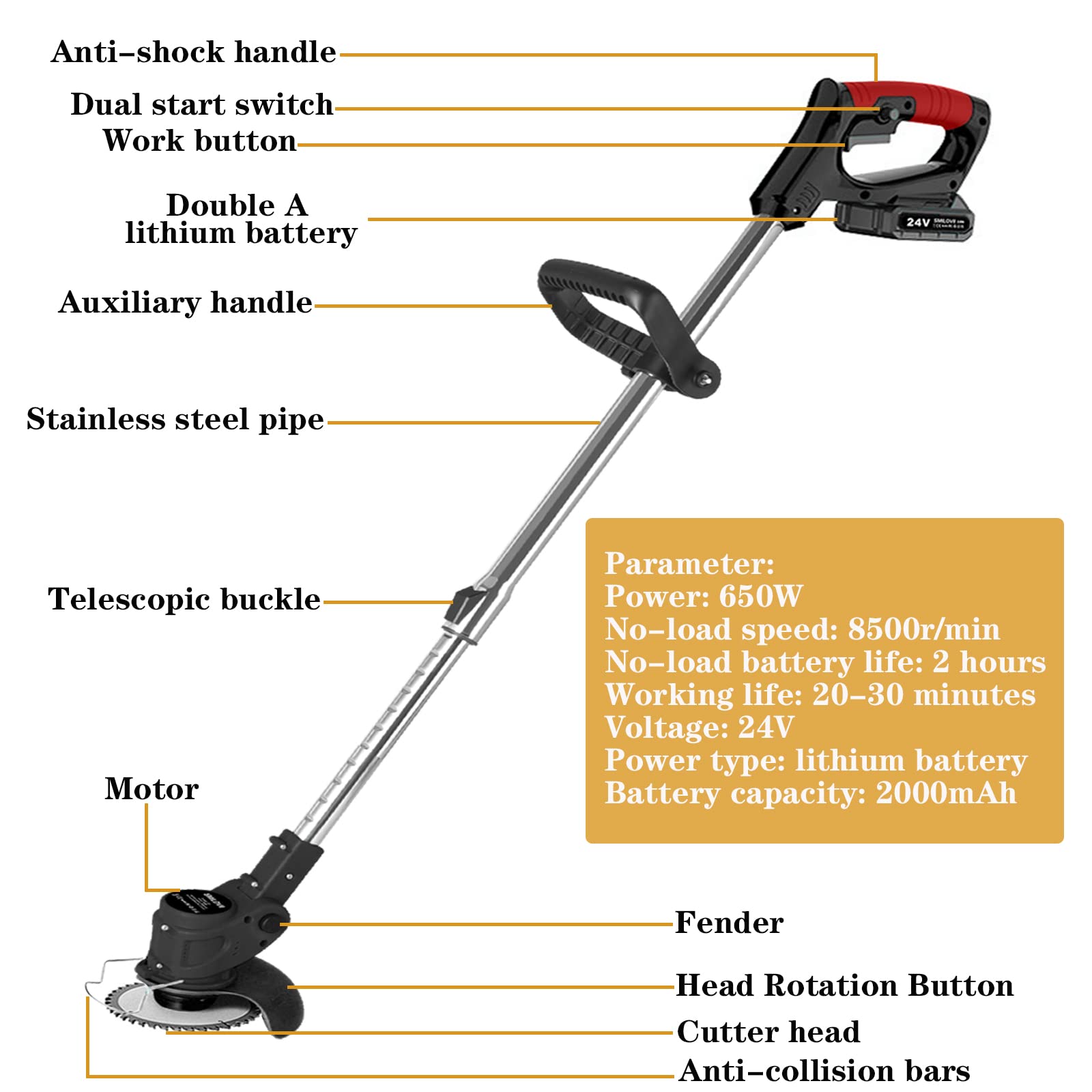 SMILOVII 24V Cordless Strimmer, Telescopic Lightweight Grass Trimmer with 6xMetal Blades & 10xPlastic Blades, 2 x 2000mAh Battery, Electric Garden Strimmer Grass Cutter for Lawn Edger Pruning Weed