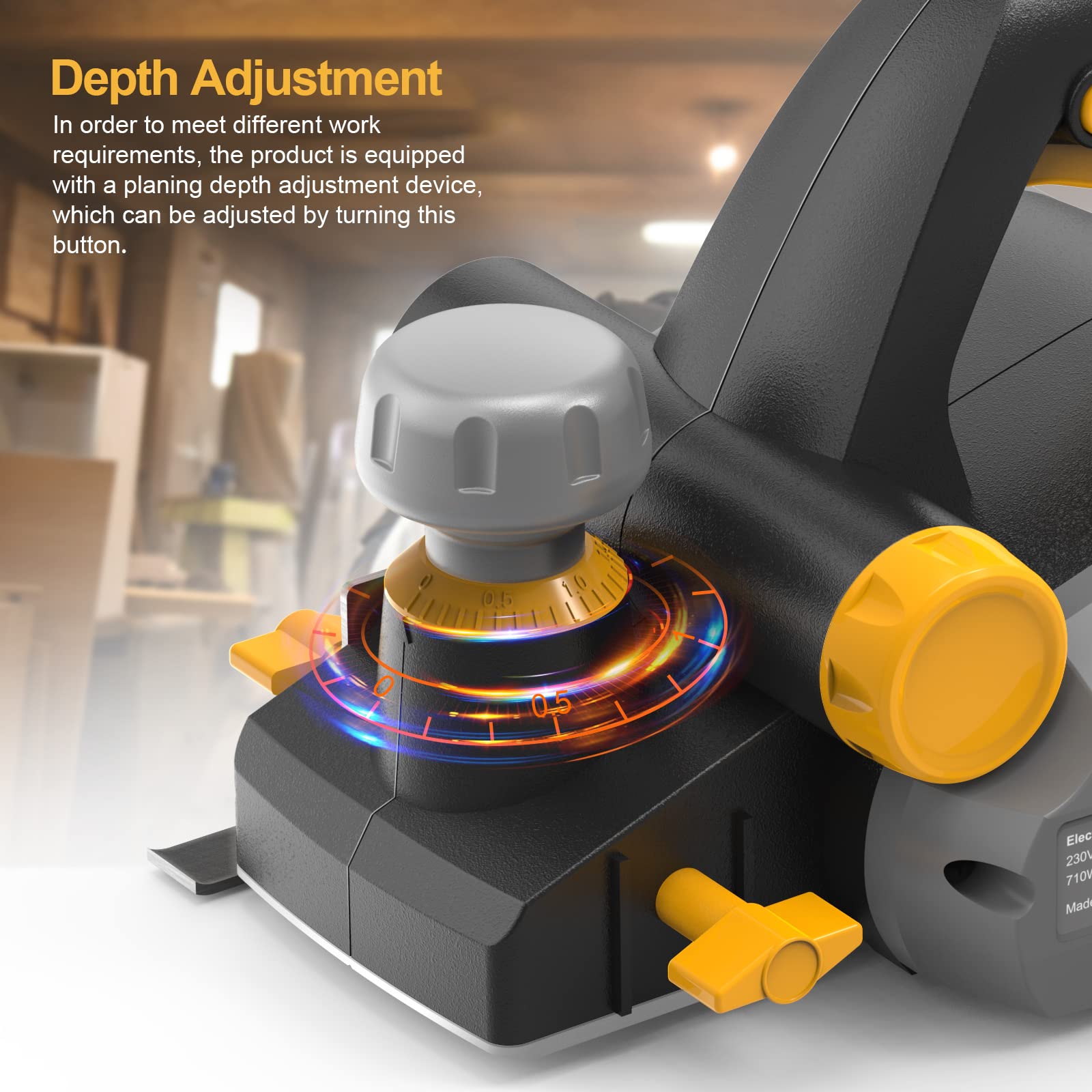 Jellas Electric Planer, Voltage 230-240V Electric Hand Planer, 16000RPM Planer, with 2 Reversible HSS Blades, 2mm Adjustable Cut Depth, Parallel Fence Bracket, Ideal Planer Woodworking, EP710