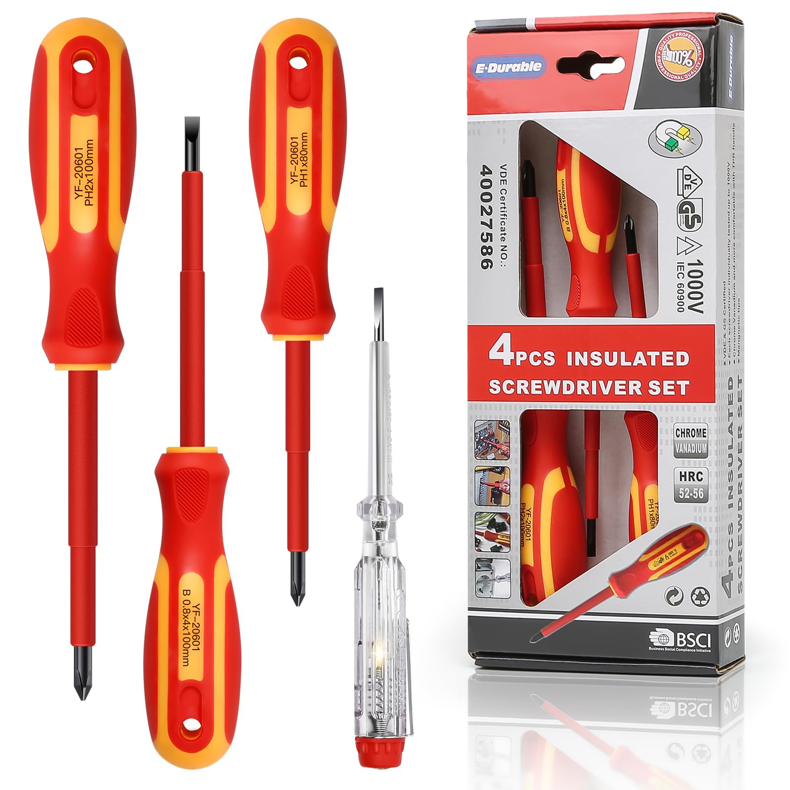 E·Durable 4pcs VDE Screwdriver Set, Magnetic Insulated Screwdriver Set to 1000v, Multifunctional Tool Kit Chrome Vanadium Screwdrivers TPR Handle for Home and Professional Use, Red