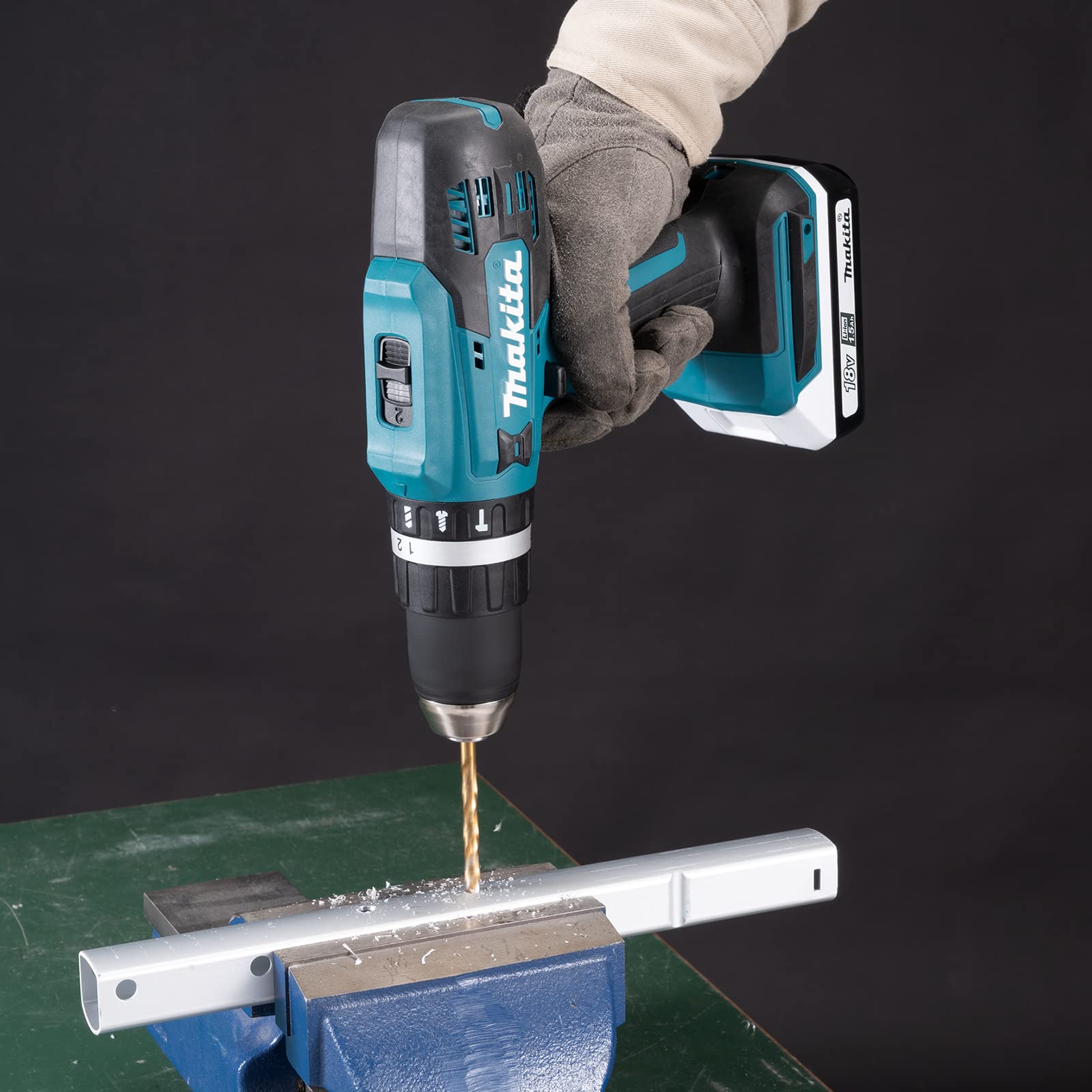 Makita HP488DAEX1 18V G-Series Combi Drill Complete with 2 x 2.0 Ah Batteries, Charger and 74 Piece Bit Set Supplied in a Carry Case, White, Grey