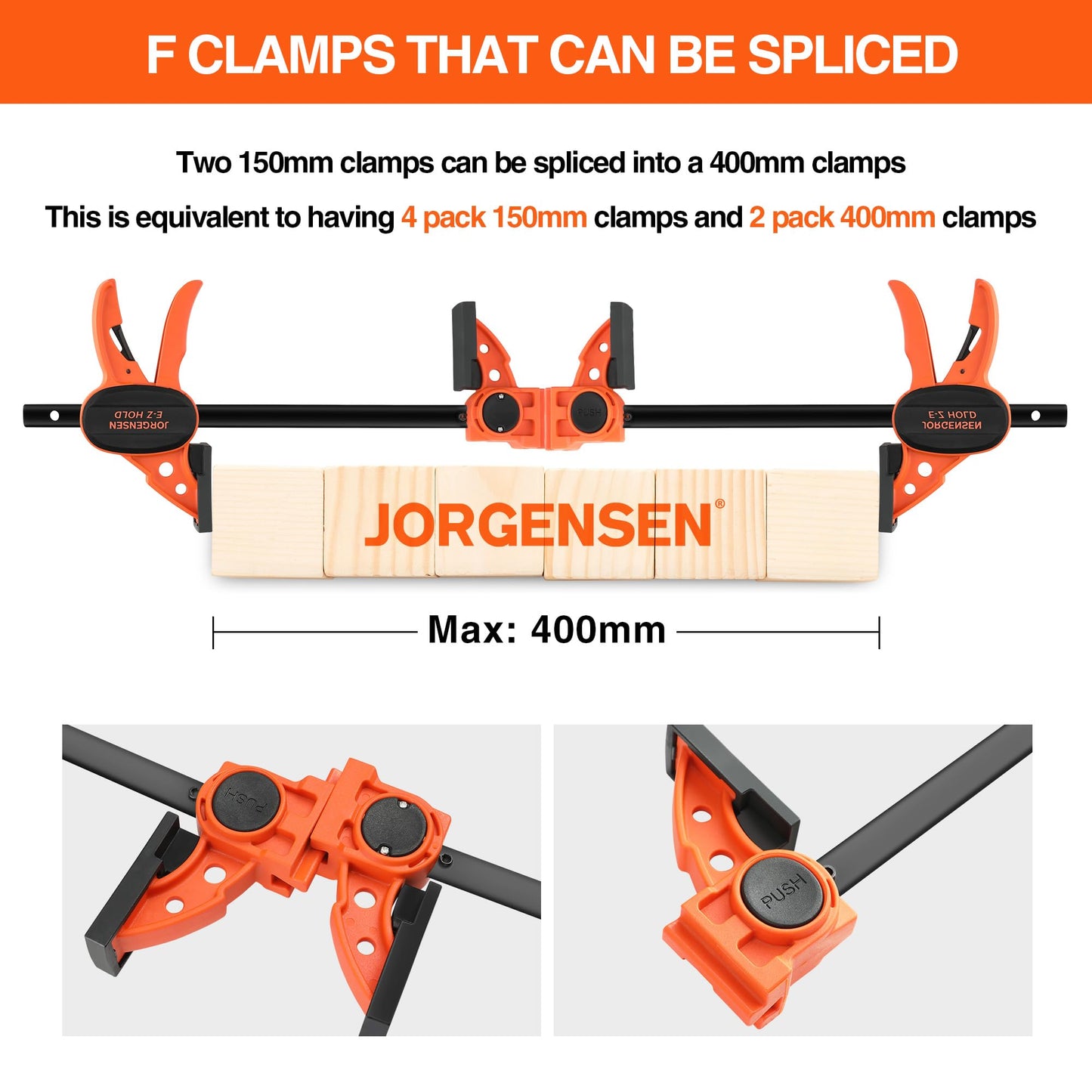 JORGENSEN 150 mm Woodworking Clamps 4-Pack, Splicable to 400 mm Ratchet Bar Clamps, Quick Release Clamp Set, 290 mm Spreader, One Handed Wood Clamp, Max 68 kg Load Limit