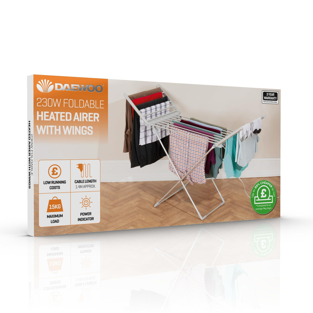 Daewoo HEA1874 Foldable Portable Heated Clothes Airer-230W, 15kg Max Load, 1.4m Cable, Low Running Costs and Folded Wings-White, Aluminium