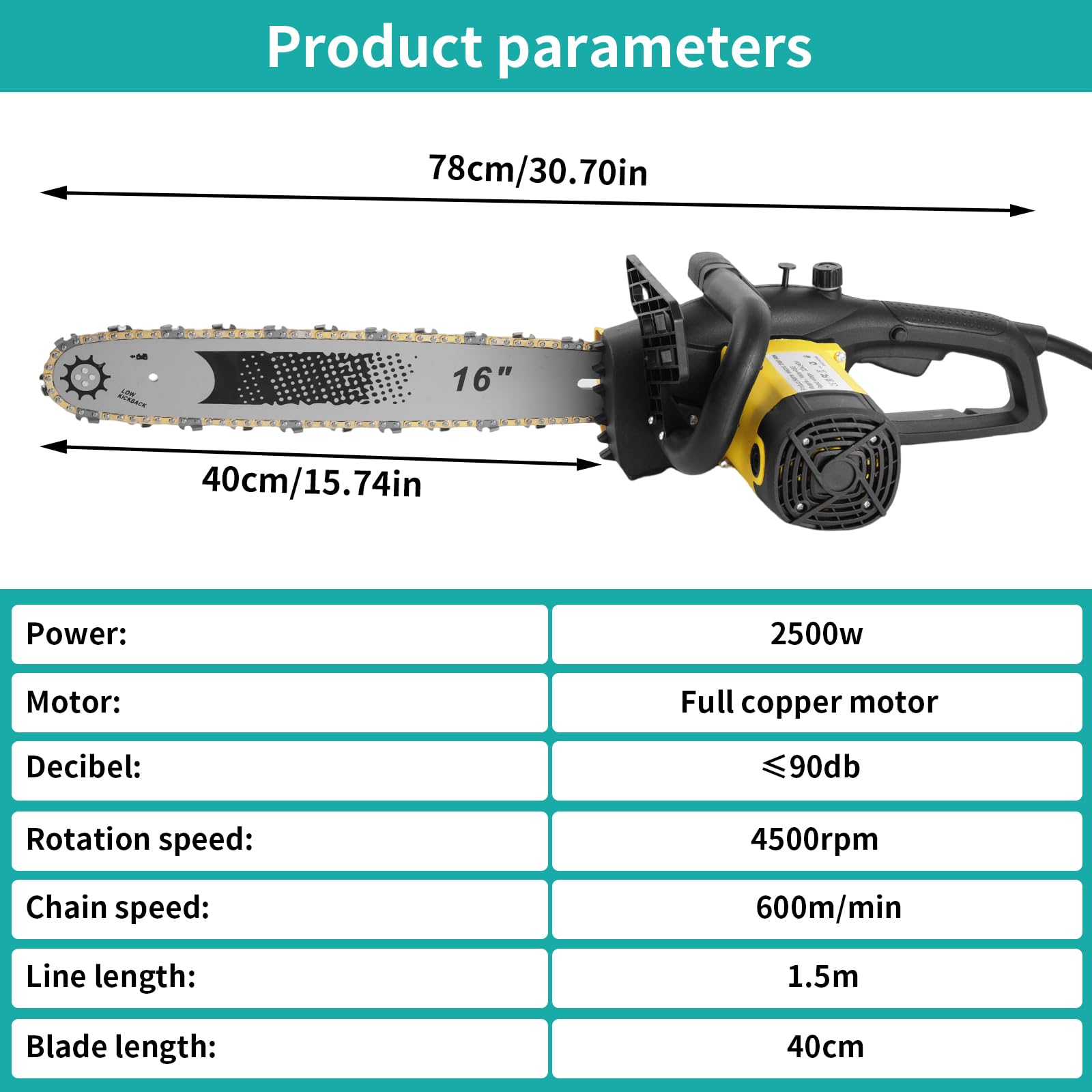 Electric Chainsaw, 2500W Powerful Electric Chainsaw,16" Portable Corded Chain Saw with 1.5m Power Cable, 4500rpm Chain Saw for Garden Tree Pruning, 10m/s Chain Speed Auto Chain Lubrication to Cut Wood