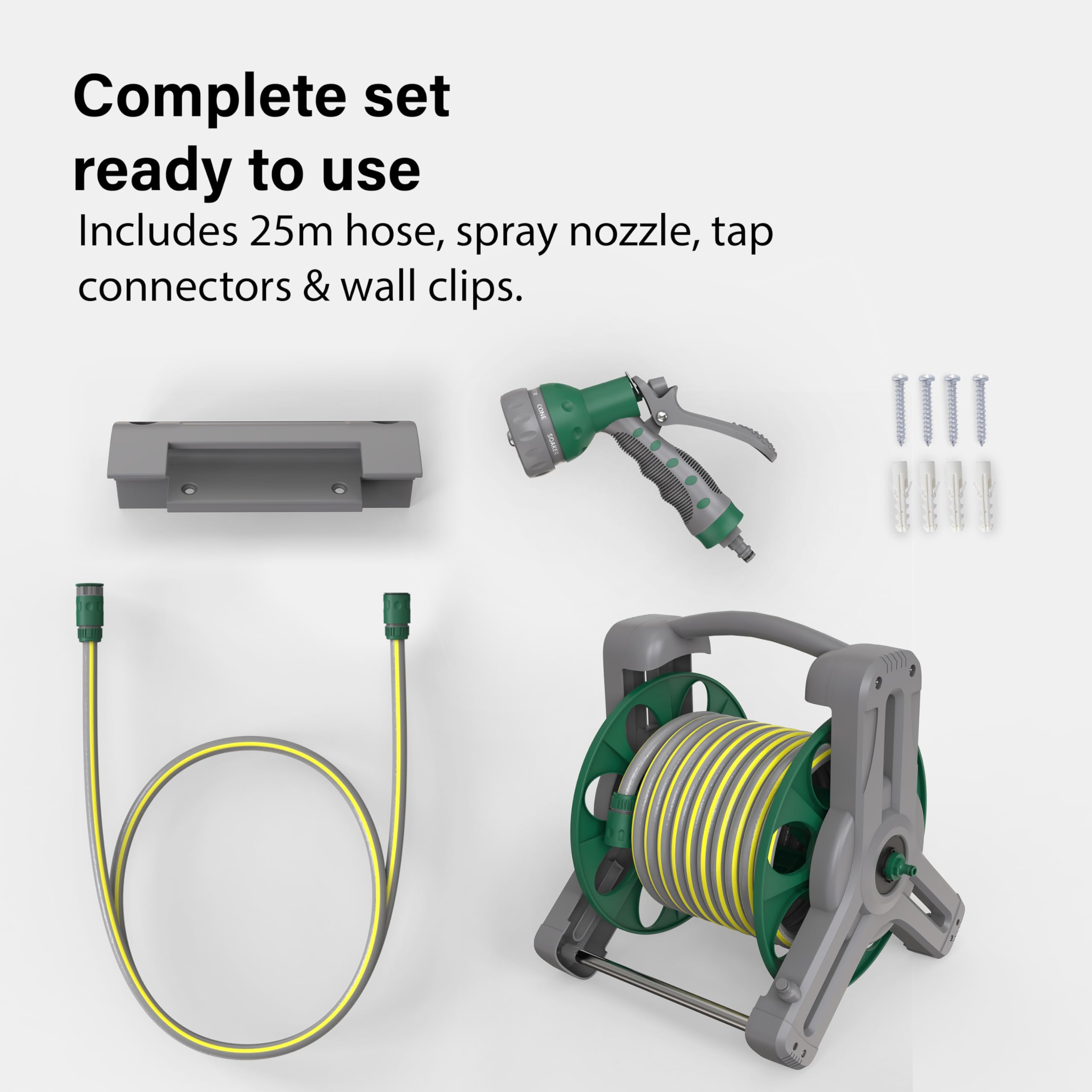 Garden Hose Reel 25M (ø 15 mm), 2-in-1 as Free Standing or Wall Mounted Garden Hose, Complete with Hose Guide, Nozzle and Fittings, Robust Frame for Stability, Compact Hose Reel Flexibility Use