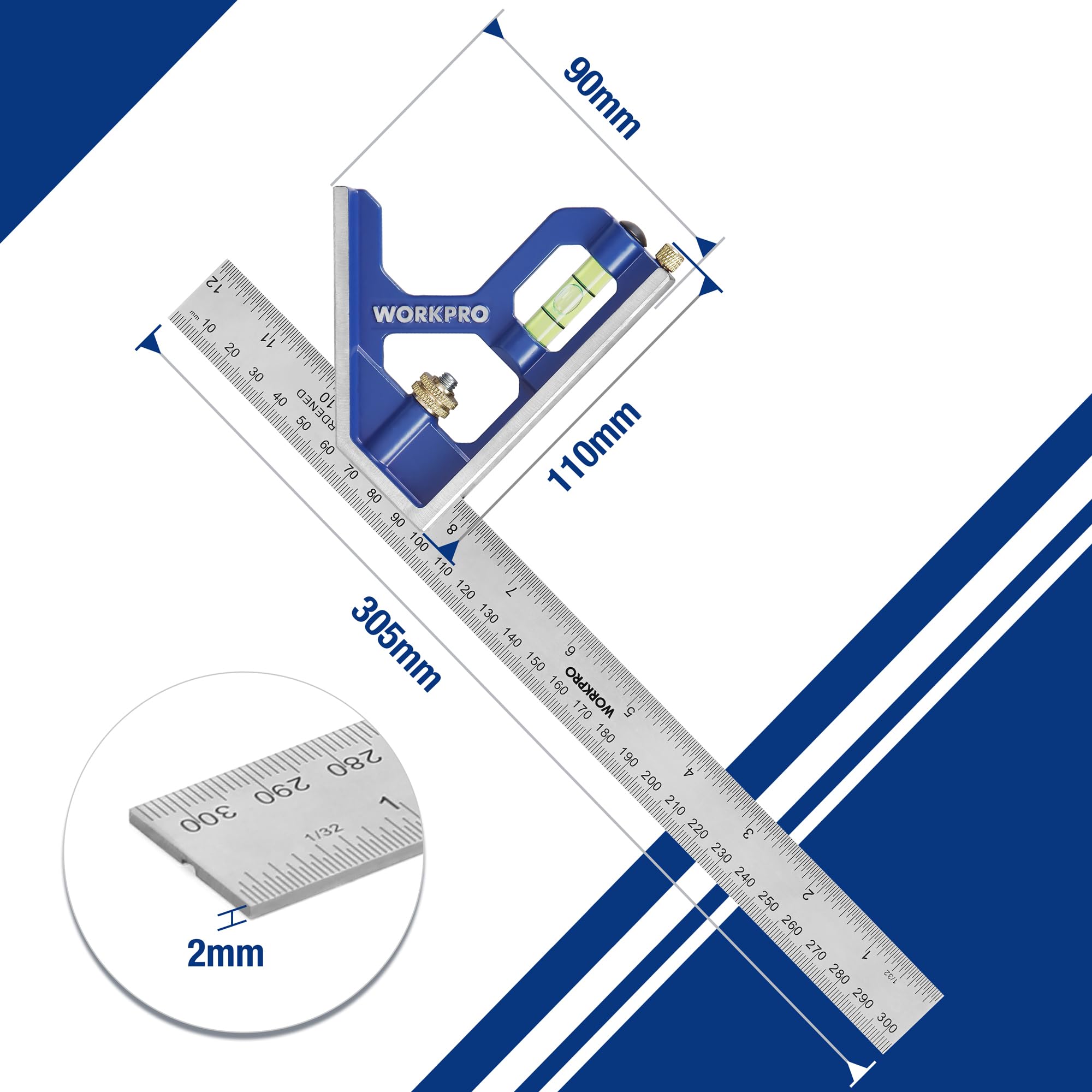 WORKPRO 12Inch/300mm Combination Square, Stainless Steel and Zinc Construction, 32cm Length, Blue and Clear Color, 0-300mm Graduation Range, Measuring Tool for Engineer Carpenter