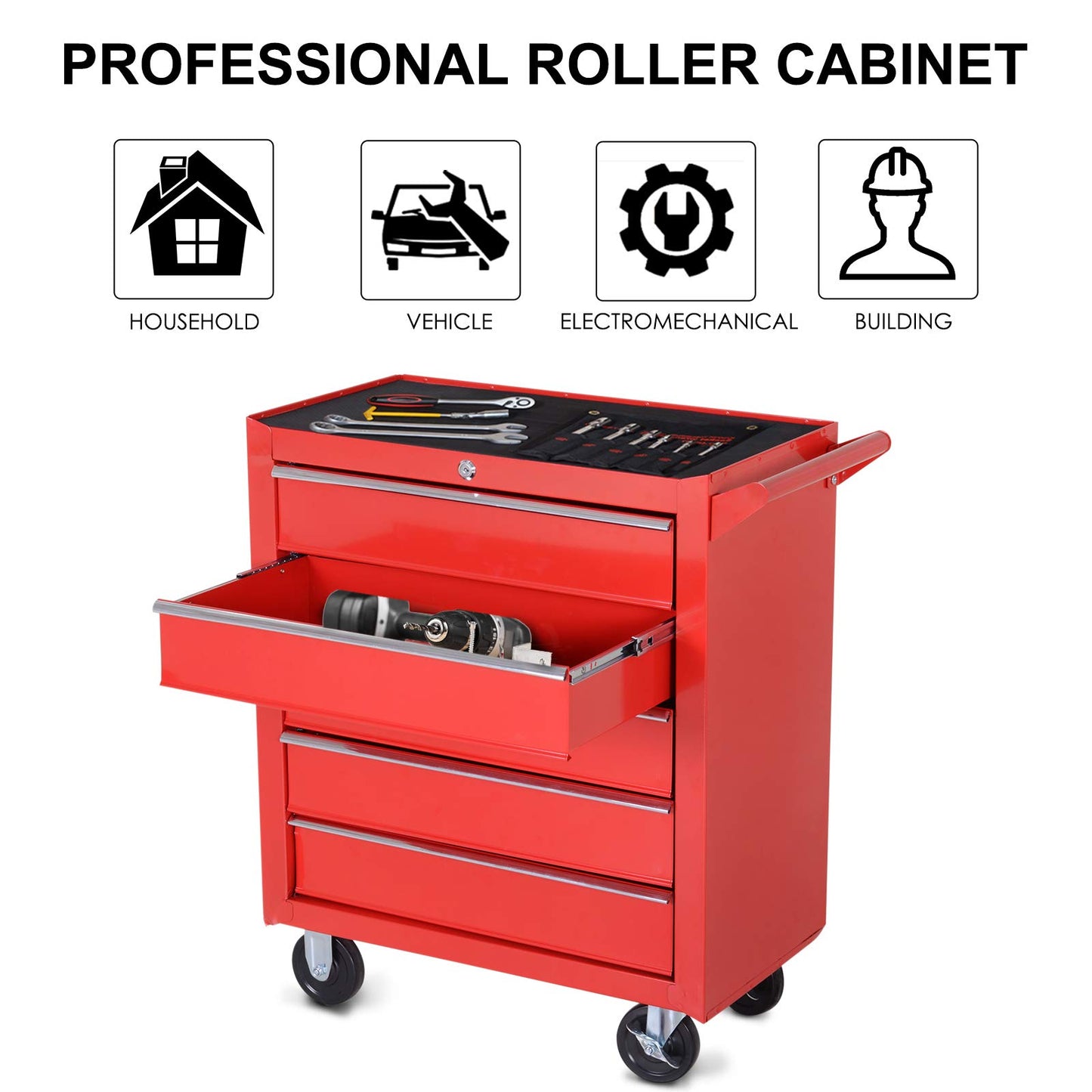 DURHAND Professional 5 Drawer Roller Tool Cabinet Storage Box Workshop Chest Garage 4 Smooth Wheels Wheeling Trolley w/Handle - Red