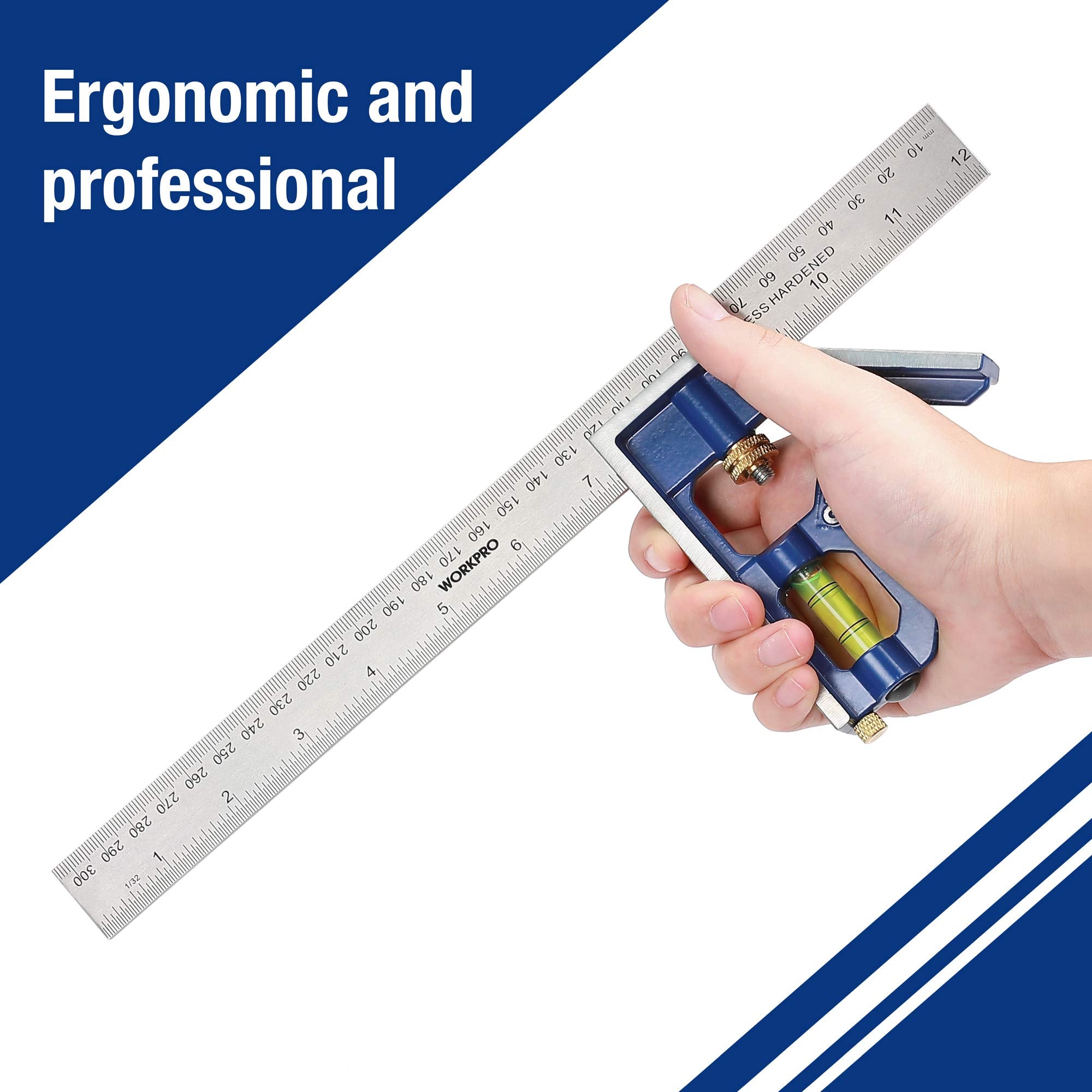 WORKPRO 12Inch/300mm Combination Square, Stainless Steel and Zinc Construction, 32cm Length, Blue and Clear Color, 0-300mm Graduation Range, Measuring Tool for Engineer Carpenter