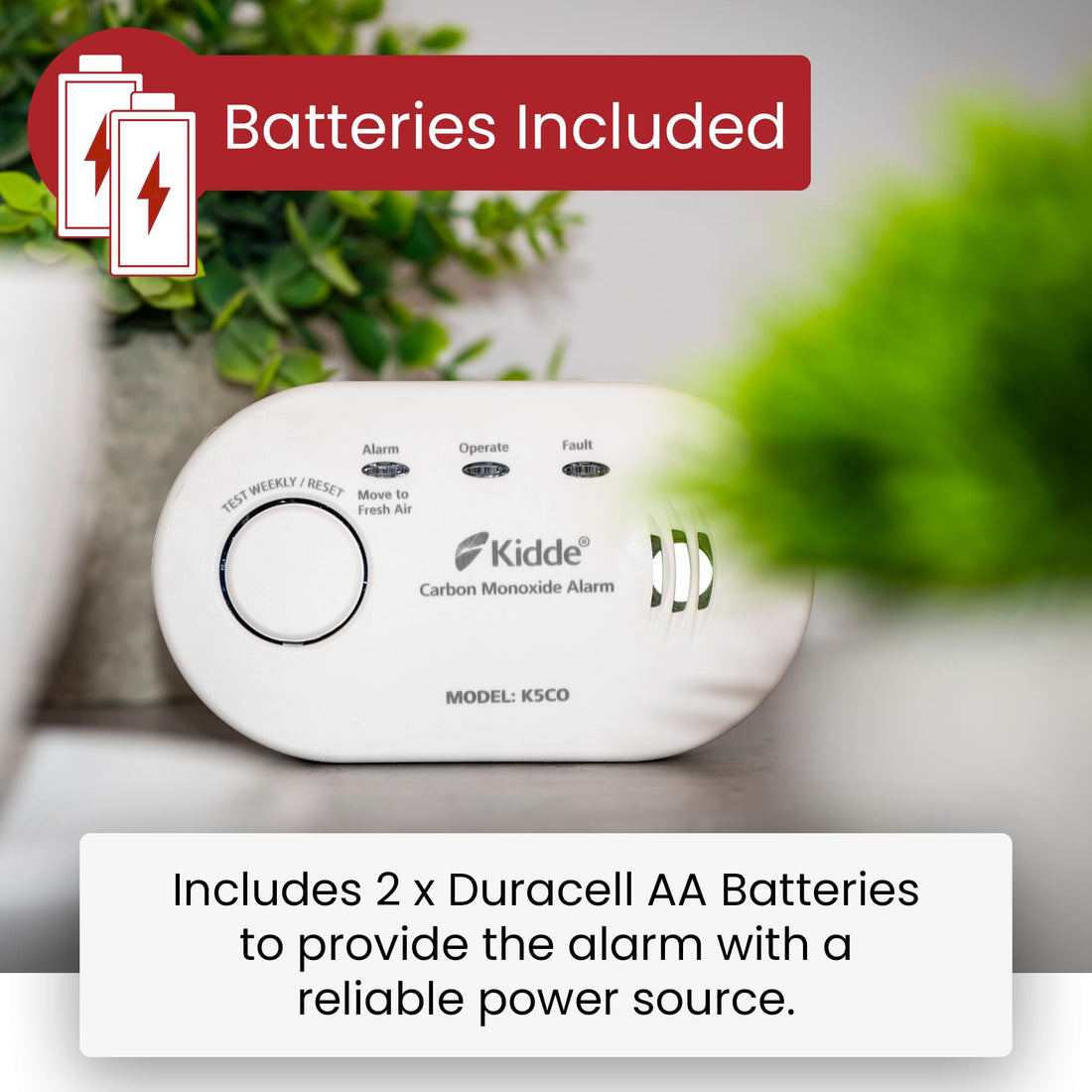 Twin Pack Kidde 5CO Battery Powered Carbon Monoxide Alarm and Detector - 10 Year Sensor Life with AA Batteries