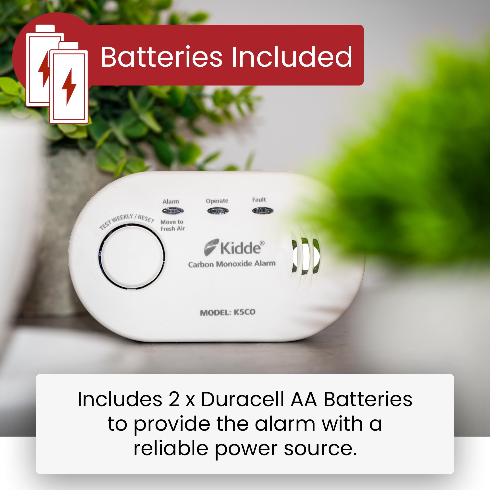 Twin Pack Kidde 5CO Battery Powered Carbon Monoxide Alarm and Detector - 10 Year Sensor Life with AA Batteries