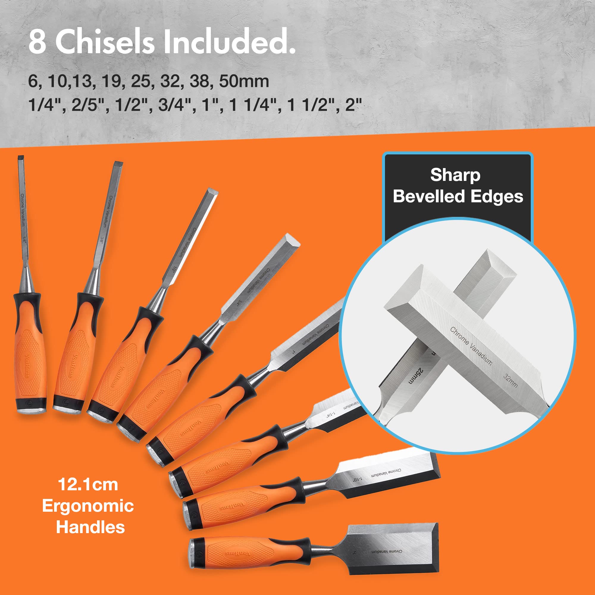 VonHaus Chisel Set - 10pcs Woodworking Tools Set - Wood Carving Tools, Wood Chisel Sets with Sharpening Stone, Honing Guide and Storage Case