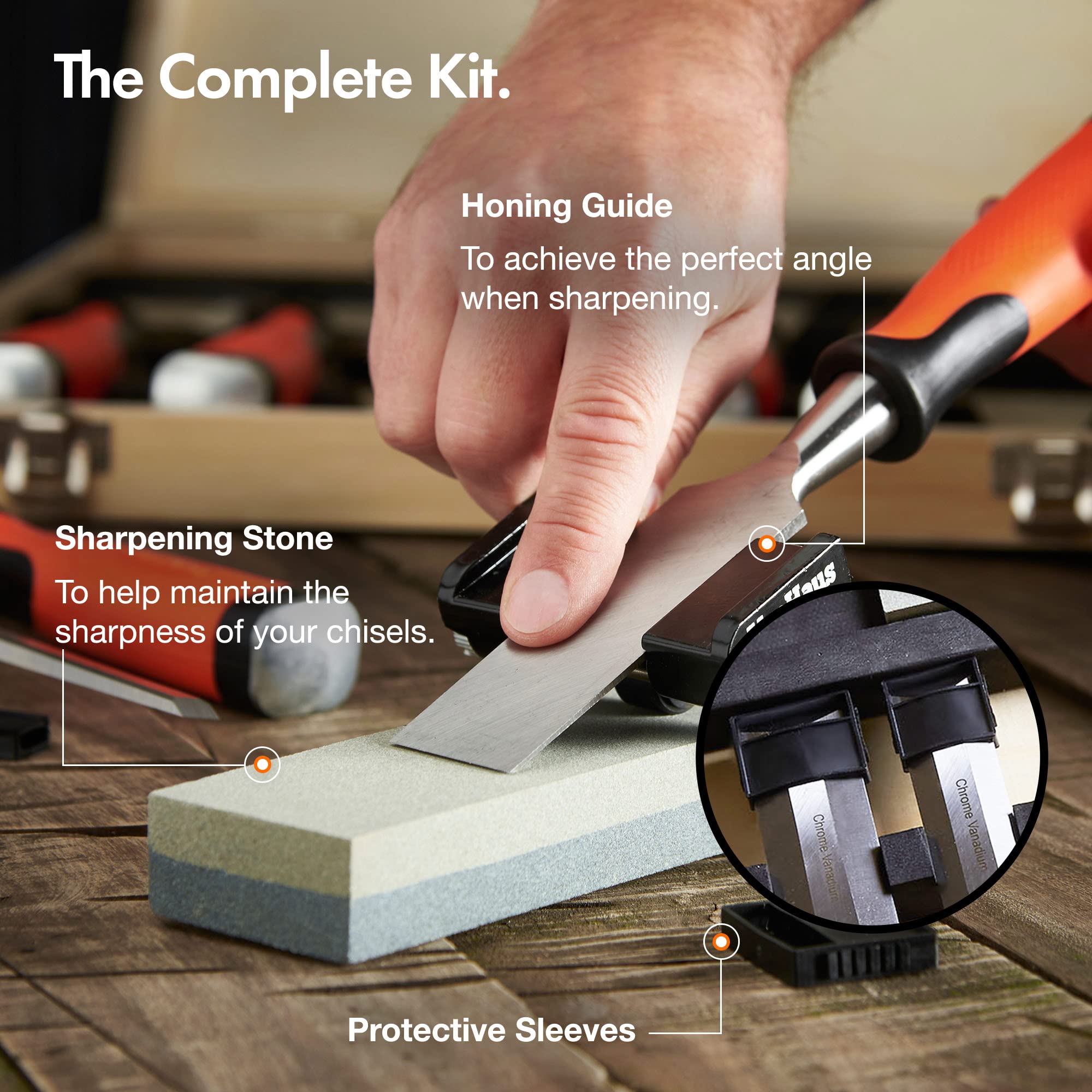VonHaus Chisel Set - 10pcs Woodworking Tools Set - Wood Carving Tools, Wood Chisel Sets with Sharpening Stone, Honing Guide and Storage Case