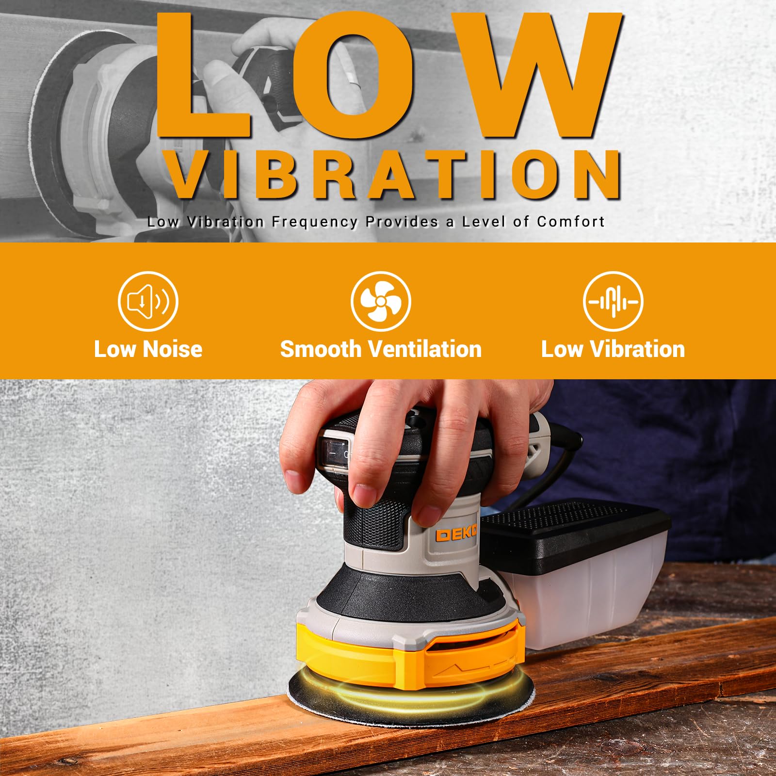 DEKOPRO Random Orbit Sander 300W with 16Pcs Sandpapers, 6 Variable Speed 14000RPM, 125MM Hand Electric Tool, High Performance Dust Collection System, Fit for Woodworking/Sanding