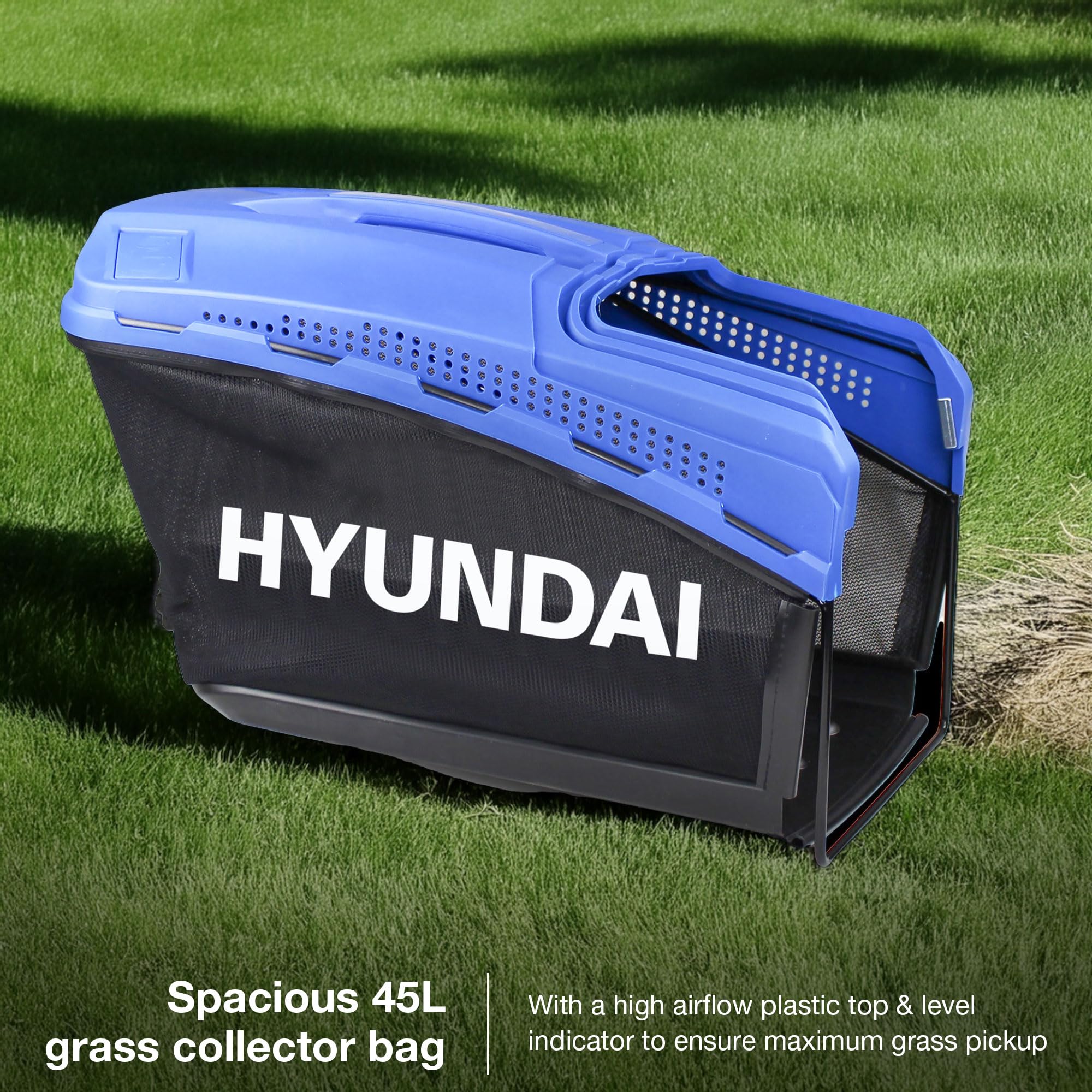 Hyundai Petrol Self Propelled Lawnmower, 17"/43cm 139cc, Recoil Pull Start, 5 Adjustable Cutting Heights, Large 45l Grass Collector Bag, Foldable Handles, 3 Year Warranty,
