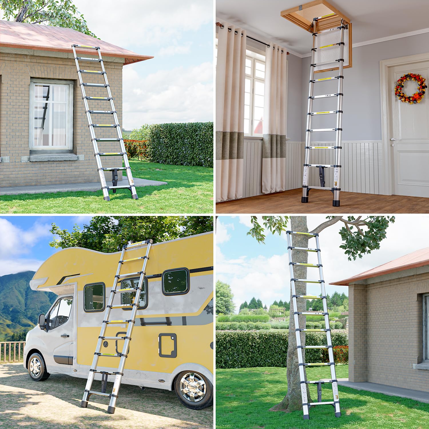 Telescopic Ladder, 3.2M Stainless Steel Thickened High-Strength Loft Ladder, Portable Ladders Extendable with Non-Slip Feet Adjustable Height for Roof Attic Caravans