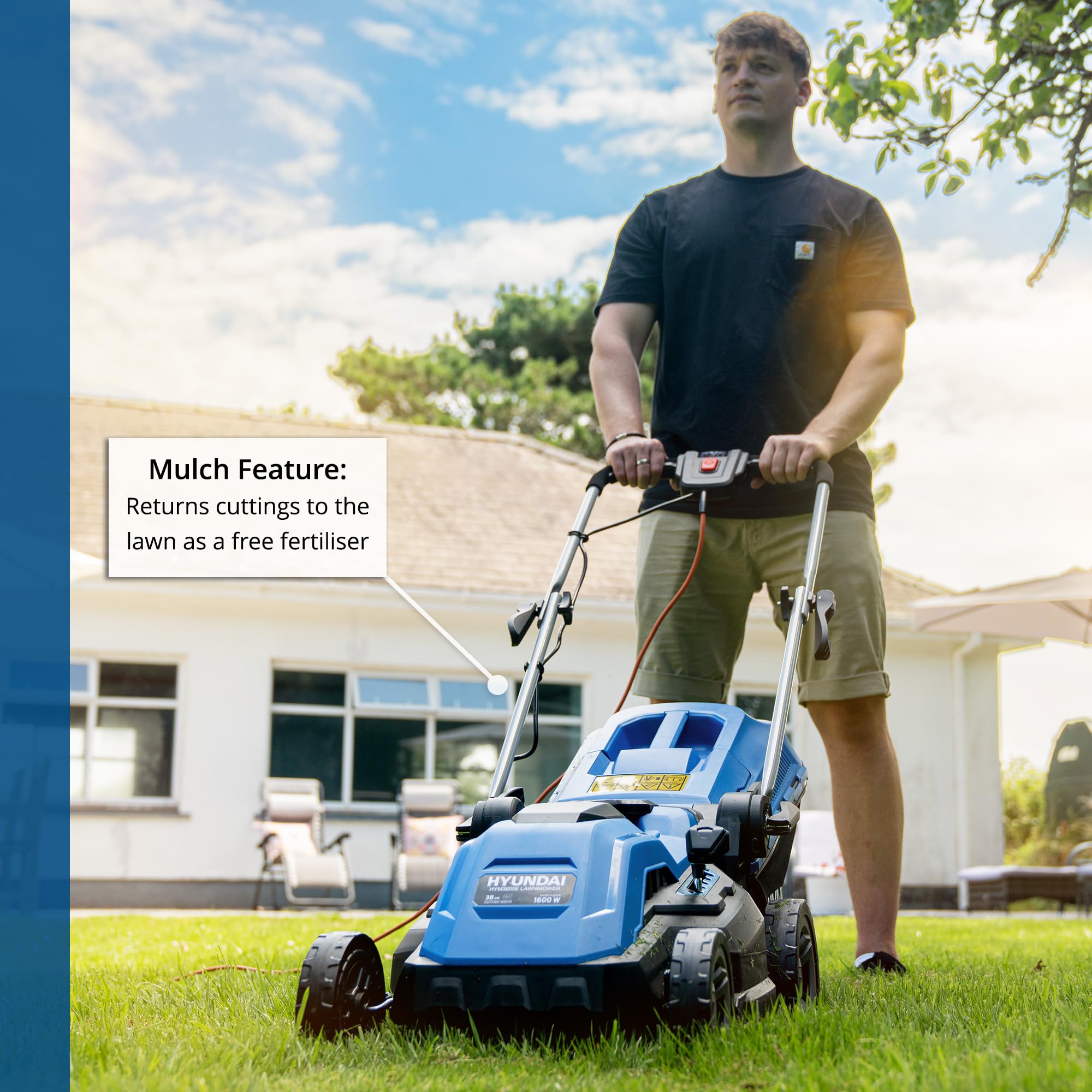 Hyundai 15'' / 38cm 1600w Electric Lawnmower with Rear Roller with Mulching Feature 40 Litre Collection Bag and 5 Cutting Heights with 10m Power Cable