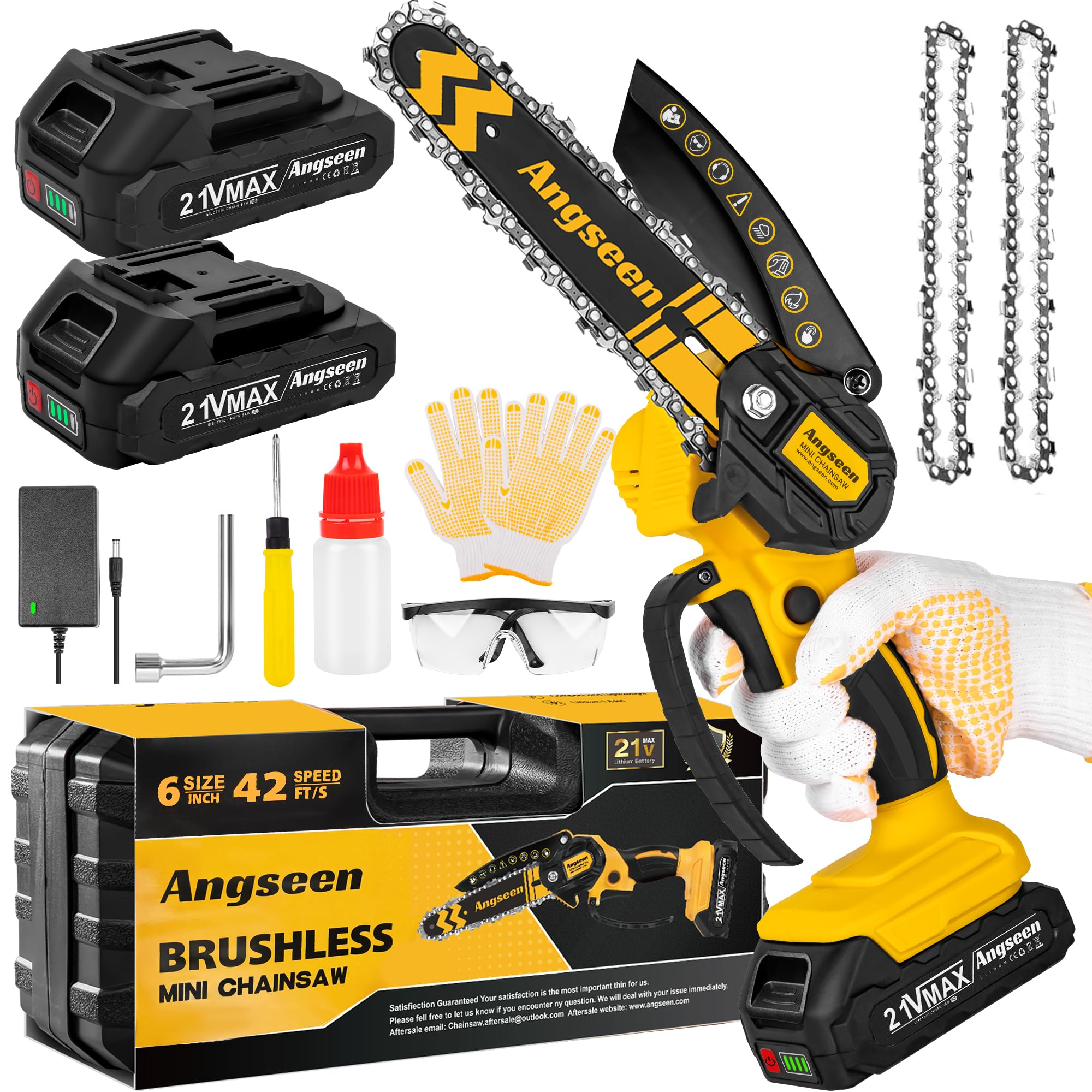 Brushless Mini Chainsaw Cordless 6 Inch, Electric Saw Battery Chainsaw Chain Saws with 2 2.0Ah Battery and 2 Super Chains, Small Chainsaw Power Tools for Cutting Trees, Cut Wood, Tree
