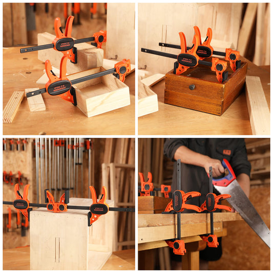 JORGENSEN 150 mm Woodworking Clamps 4-Pack, Splicable to 400 mm Ratchet Bar Clamps, Quick Release Clamp Set, 290 mm Spreader, One Handed Wood Clamp, Max 68 kg Load Limit