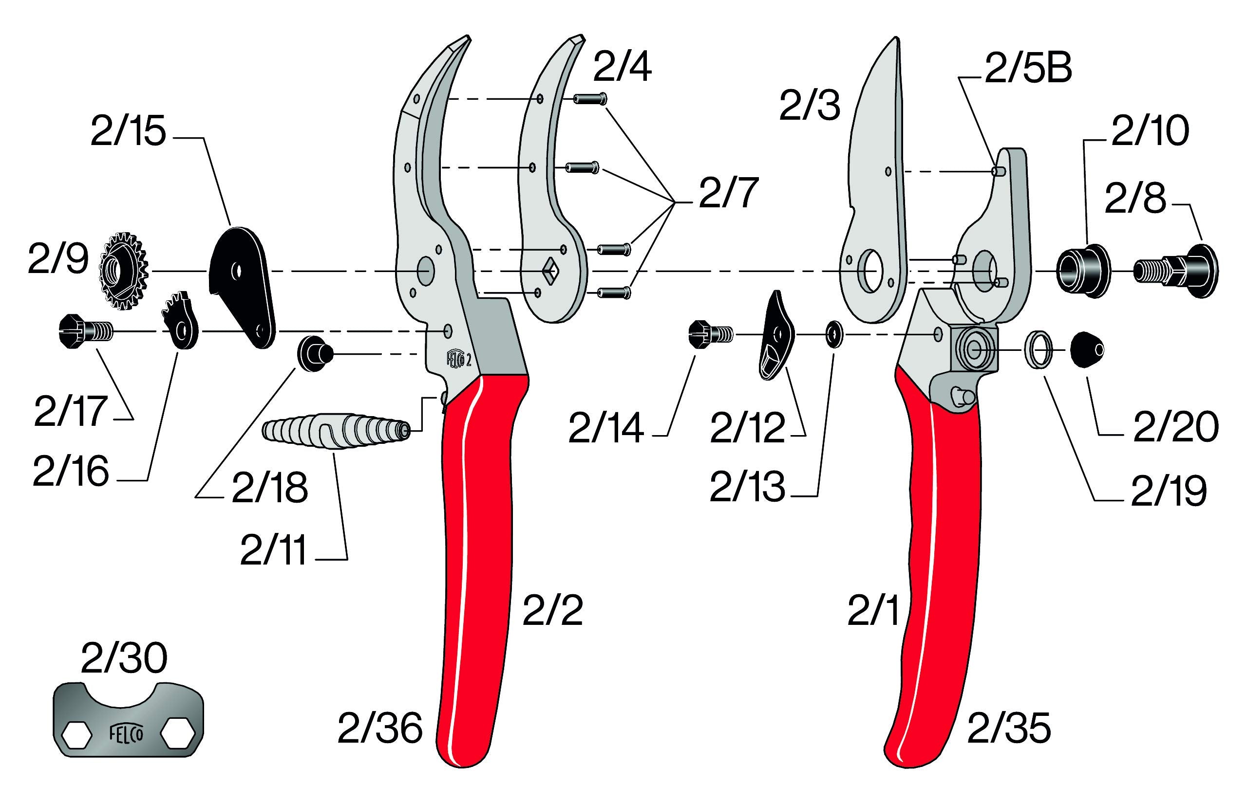 FELCO 2 Pruning Secateurs – 25 mm Cutting Diameter, for Large Hands, 215 mm Length, with Sap Groove, Straight Handles, Red