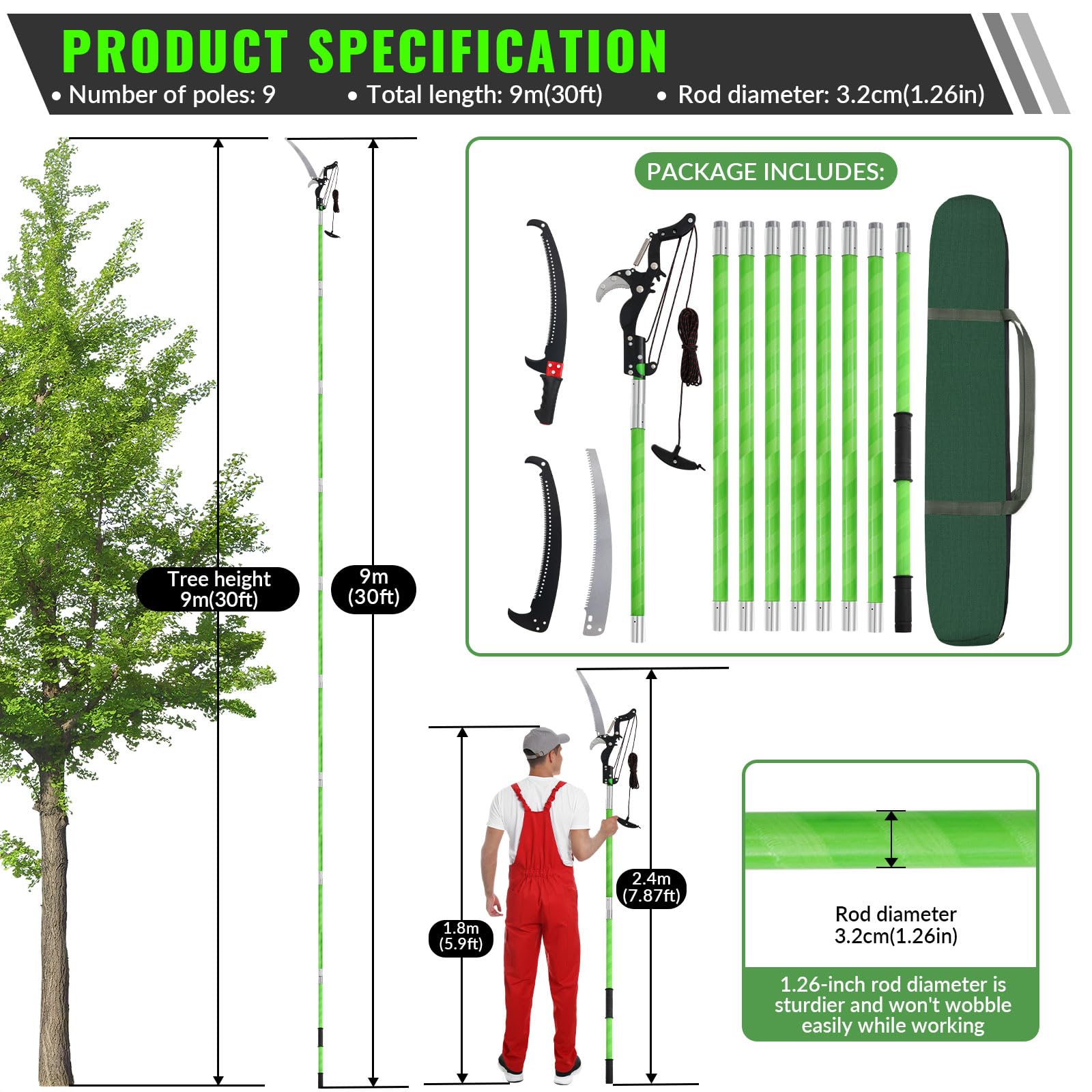 Pole Pruning Saw 30 Foot Long Handle Adjustable Length, Manual Pole Saw High Branch Scissors with Carry Bag and Sturdy Pole, Telescopic Tree Pruner Long Reach for Palm Oak High Branches