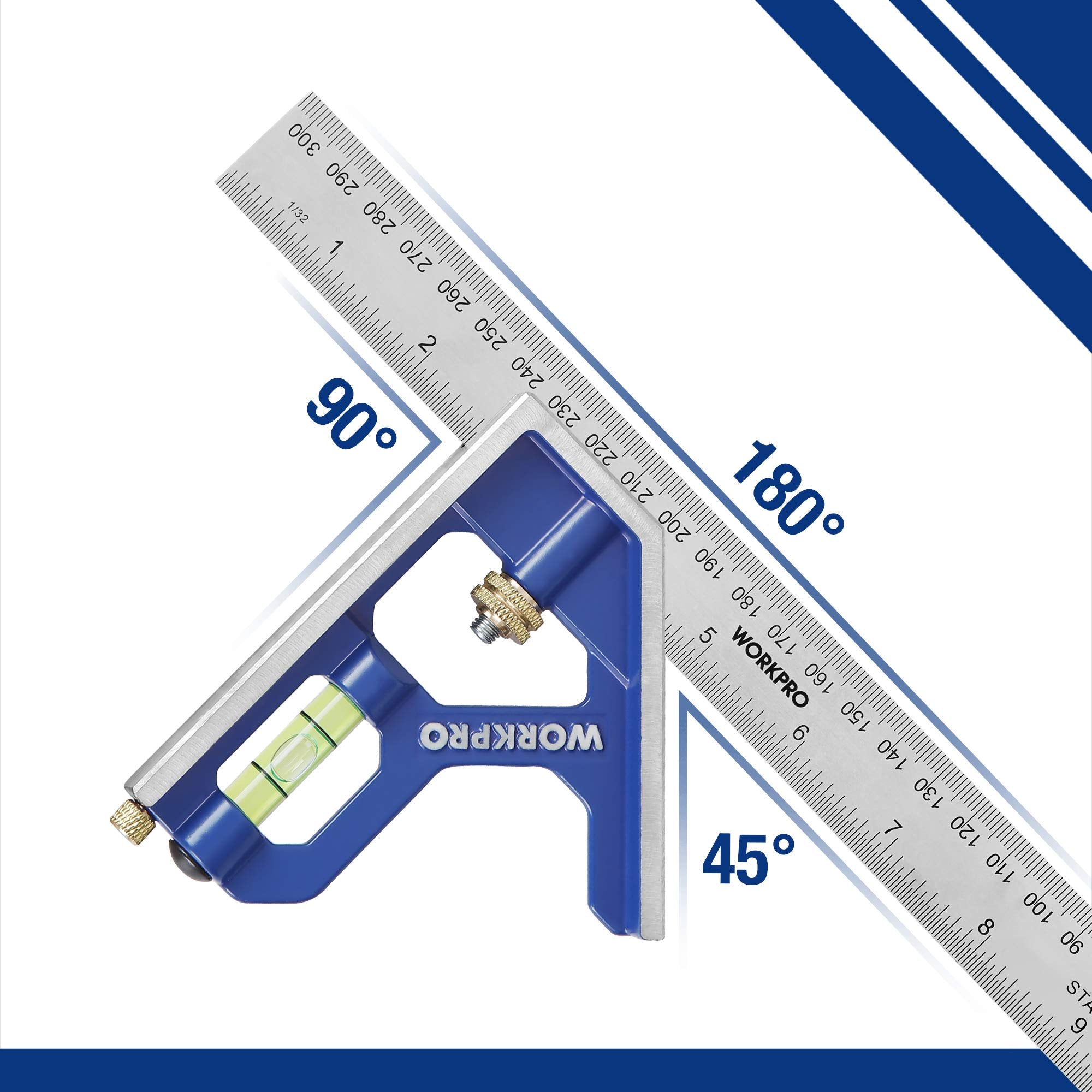 WORKPRO 12Inch/300mm Combination Square, Stainless Steel and Zinc Construction, 32cm Length, Blue and Clear Color, 0-300mm Graduation Range, Measuring Tool for Engineer Carpenter