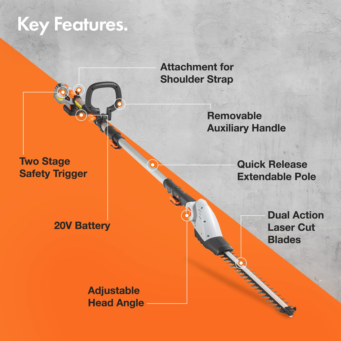 VonHaus Pole Hedge Trimmer Cordless – Long Reach Telescopic Extendable Cutter for Hedges, Bushes, Branches, Shrubs – 20V Battery, Charger, Shoulder Strap, 135° Adjustable Head, Dual Action Blades