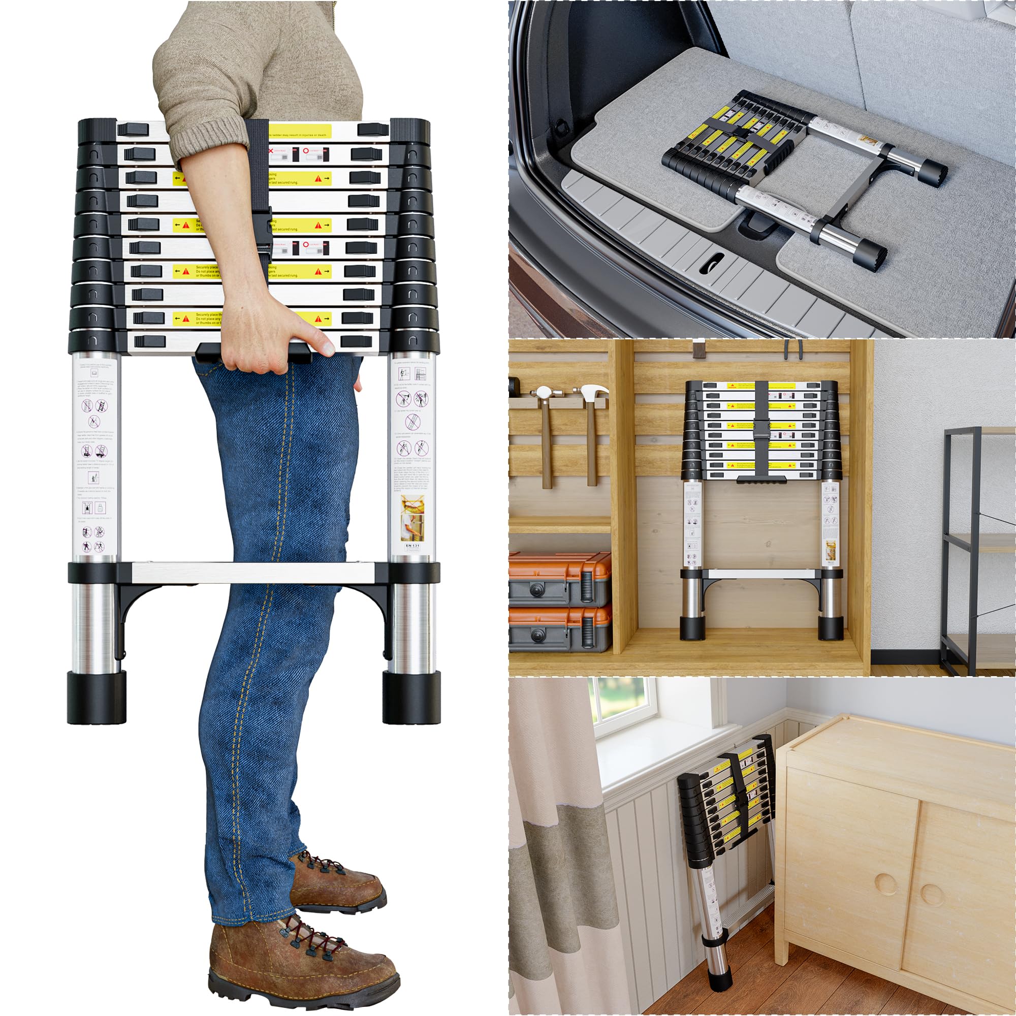 Telescopic Ladder, 3.2M Stainless Steel Thickened High-Strength Loft Ladder, Portable Ladders Extendable with Non-Slip Feet Adjustable Height for Roof Attic Caravans
